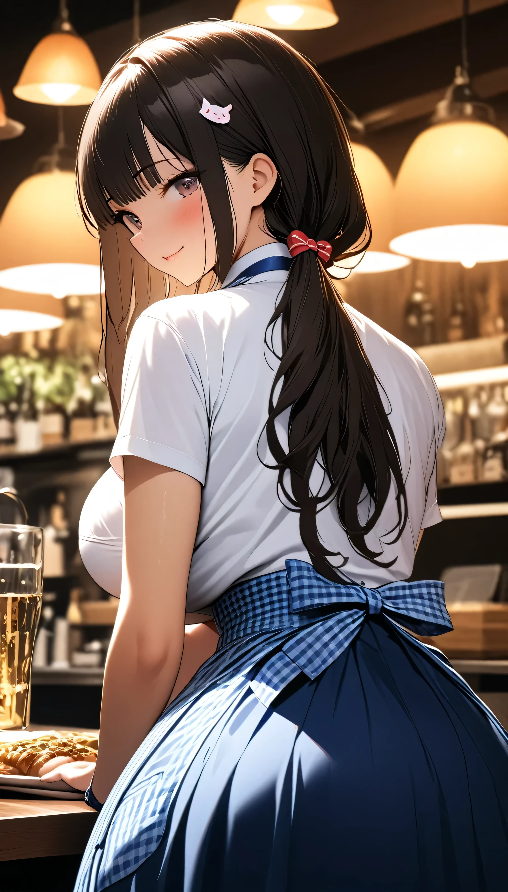 (Beauty: 1.3),one person,masterpiece, Highest quality, Ultra-high resolution,rich contrast,super high quality,8k,Highly detailed CG unit wallpaper,texture,Unbelievably absurd,Ultra-high resolution,RAW Photos,Depth of Field 1.2,crew, blue bow, blue bowtie, white shirt, short sleeves, blue skirt, Blue apron, gingham apron, employee uniform, high-waist skirt, waitress,(Brown Hair,low twintails),(Perfect hands, Perfect Anatomy),Glowing Skin,Cute cat hairpin,restaurant,Beautiful glossy lips,(Large Breasts:1.8),kobeya uniform,big smile,closed mouth, from below,(Rear View:1.5),covering breasts,blush