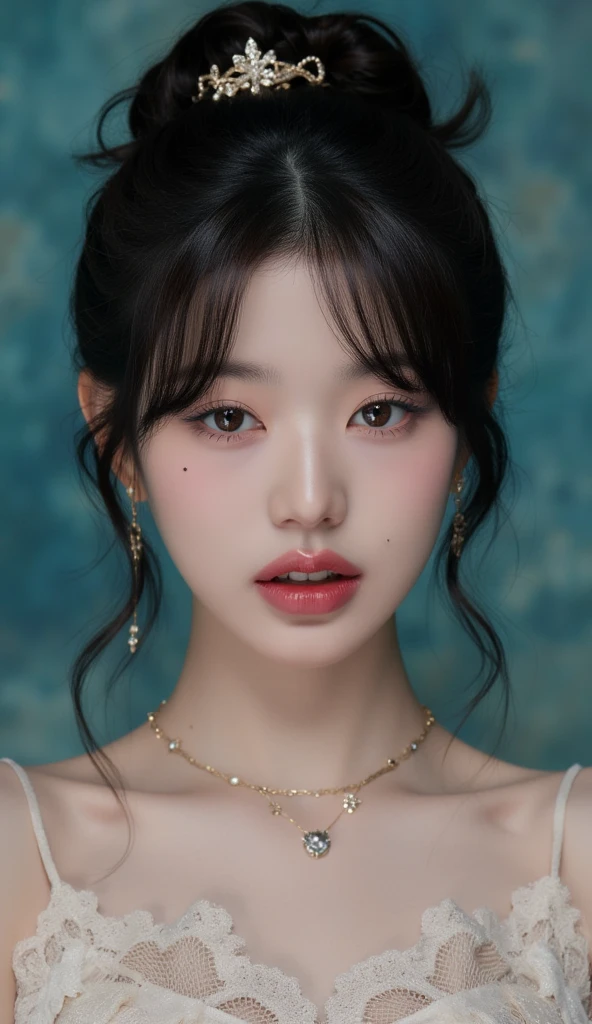 masterpiece, Highest quality, alone, One girl, Glowing Skin, Hoop Earrings, glamorous, Whimsical details, Slicked back hair, Fascinating, Shallow depth of field, Contrasting, Professional models, Facing forward, Portraiture 、((Completely naked))、(((nsfw))),((Upper Body:1.2)),((((Completely naked))))