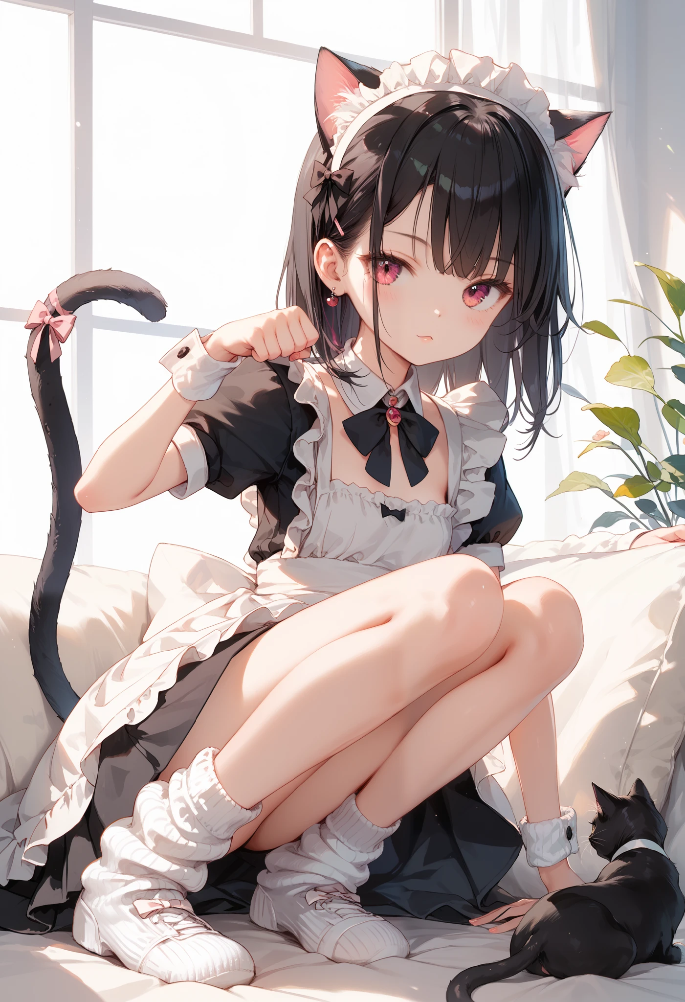 score_9, score_8_ up the side, score_7_ up the side, best quality anime,, Masterpiece, in the seat, slim, Tiny Breasts ,( IDEAL SLIM PROPORTION ),(black_length_hair, straight_前hair, MAID COSTUME , loose socks,Cat ears,Cat's tail,Cat's paw),( cat pose)