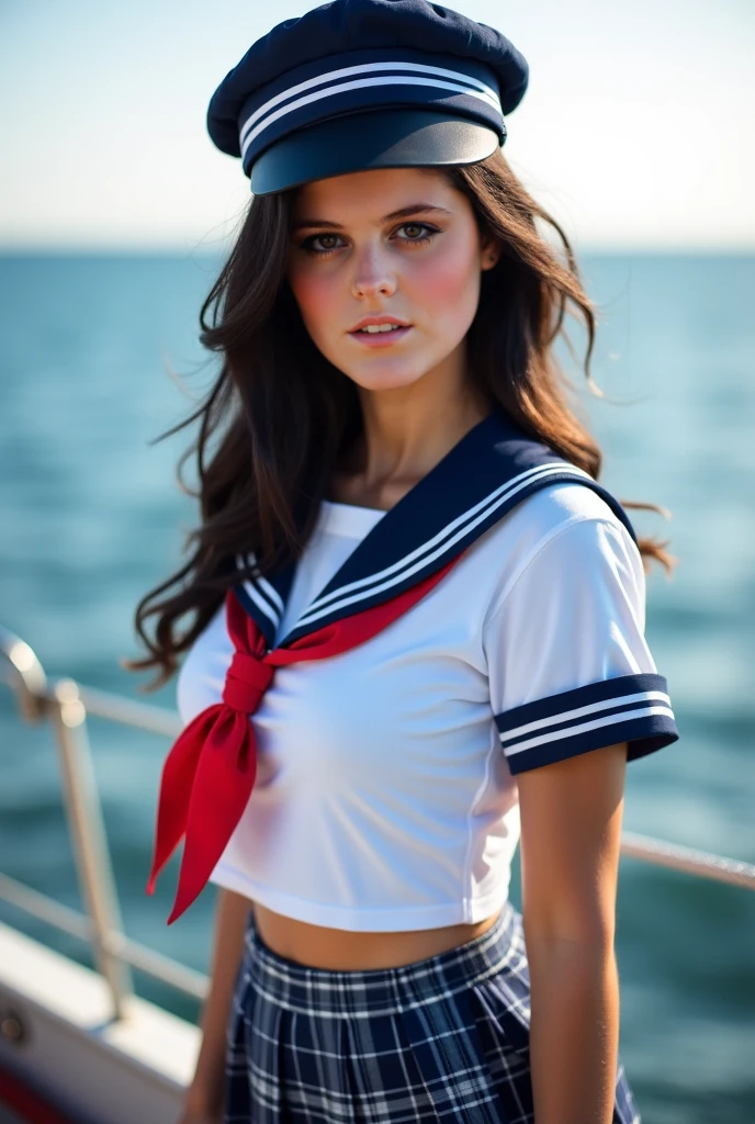 photo full-body portrait of a cute german woman \Stefanie Hinze\ as a sailor, (grainy:0.7)