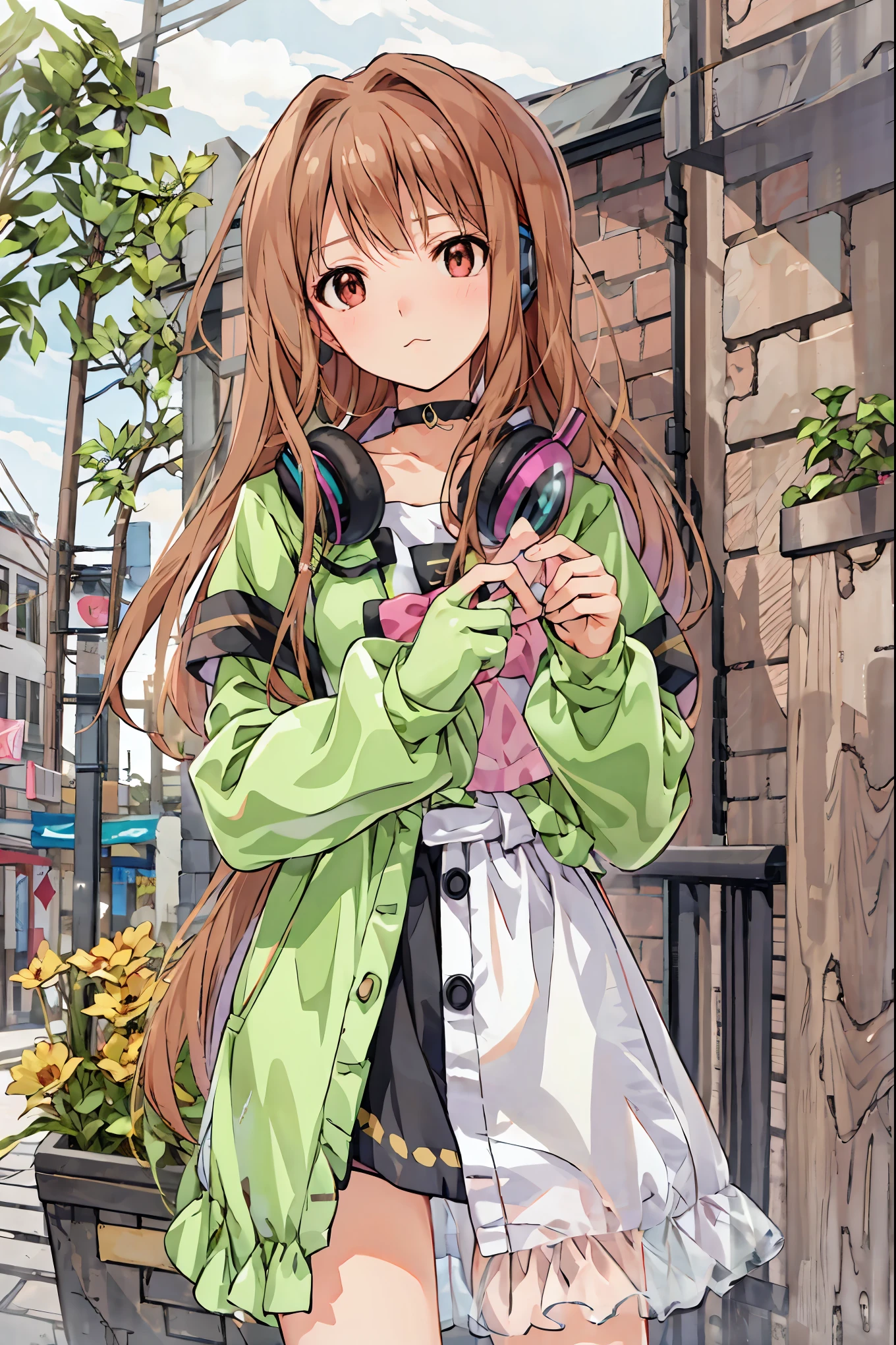 (( Masterpiece,  top quality)),  detailed face,  Full of Details ,  very detailed, Depth, Many parts,  1 girl,  girl wearing skirt and headphones, :3,  long hair, bangs,  multicolored hair ,  two-tone hair, gradient hair,  brown hair,  brown hair with pink tips, [[[[[[[[[ pink hair]]]]]]]]],  Black Crop Top,  gloves,   black choker,  red eyes, star (  symbol ),   symbol -shaped pupils,  magnet vocaloid , butterfly wing headphones , Yuri,  go hand in hand