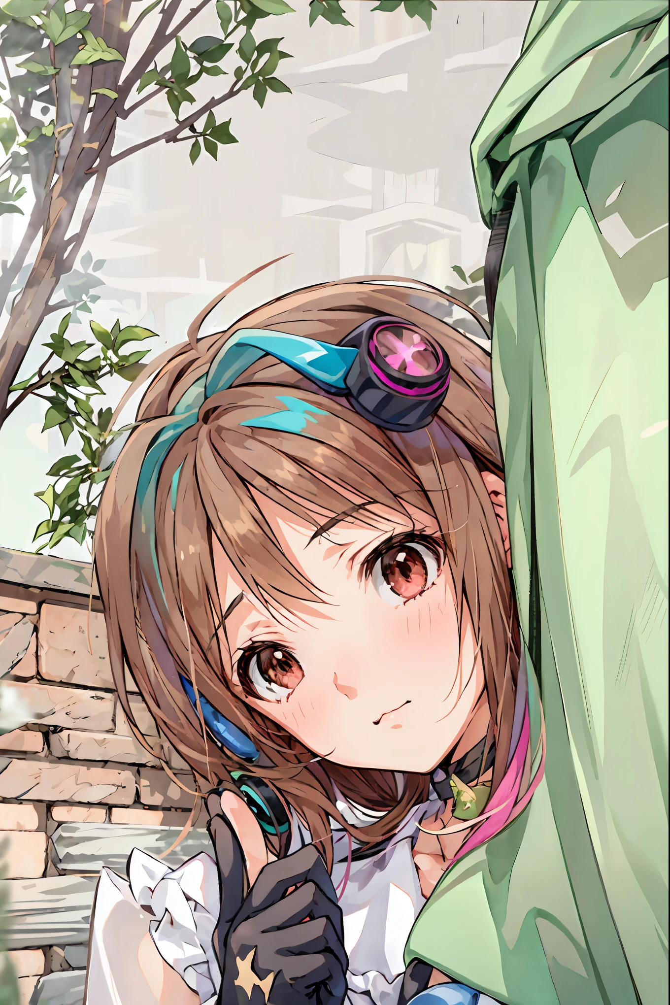 (( Masterpiece,  top quality)),  detailed face,  Full of Details ,  very detailed, Depth, Many parts,  1 girl,  girl wearing skirt and headphones, :3,  long hair, bangs,  multicolored hair ,  two-tone hair, gradient hair,  brown hair,  brown hair with pink tips, [[[[[[[[[ pink hair]]]]]]]]],  Black Crop Top,  gloves,   black choker,  red eyes, star (  symbol ),   symbol -shaped pupils,  magnet vocaloid , butterfly wing headphones , Yuri,  go hand in hand