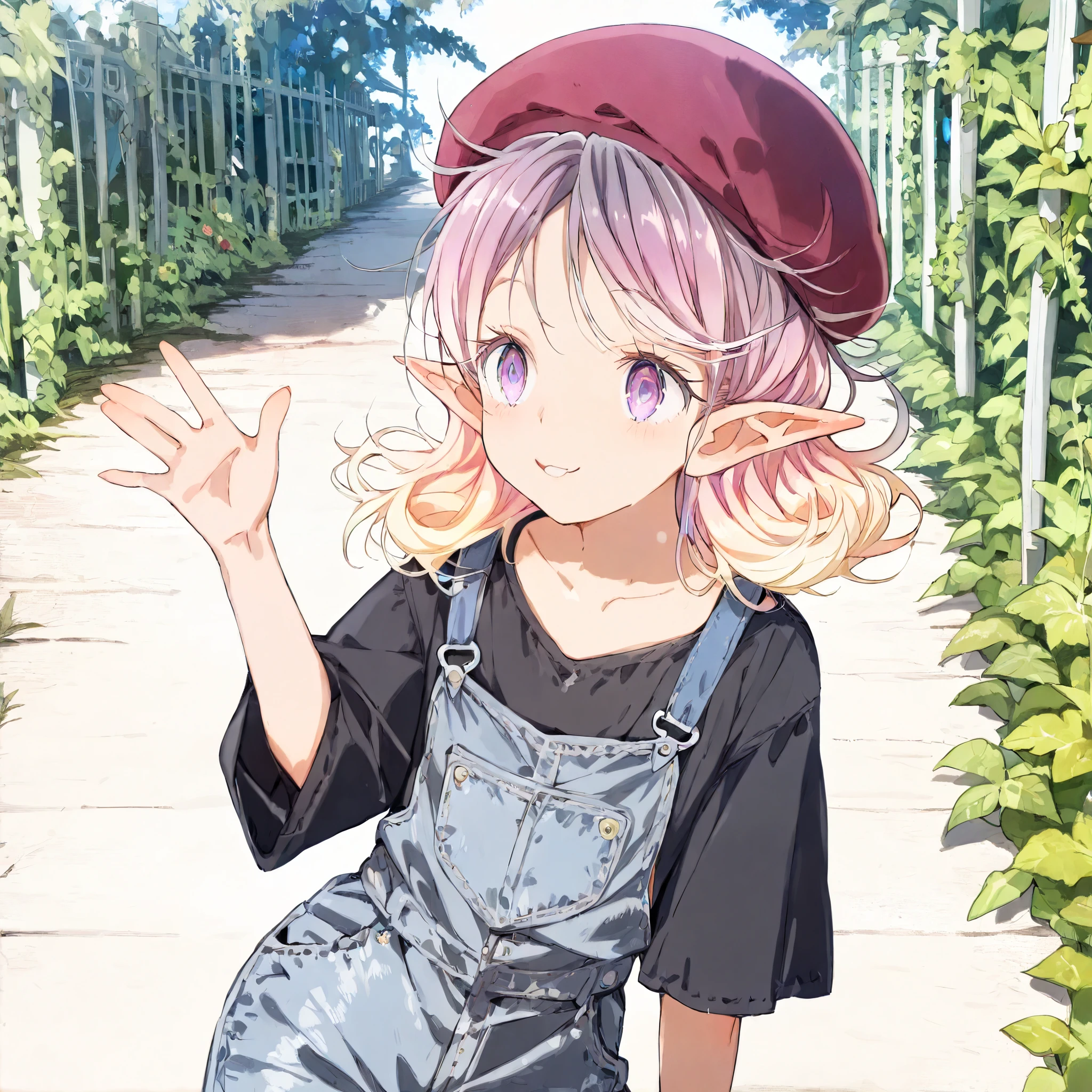 ((toi8 style)), ((Masterpiece)), ((best quality)), ((1girl)), (cute young girl), Textured skin, (pure smile, :3), (pale purple eyes, gradient eyes, looking at side), Beautiful collarbone, (Healthy body), ((elf ears)), short eyebrows, (small breast), (flipped hair, loose side bangs, swept bangs), (outside curl medium hair), ((beautiful blond hair, gradient hair)), (put on small beret), BREAK, (Denim Fabric overalls, ragged overalls), (thin T-shirt, cute black T-shirt), waving hand, (contrapposto), outdoor, front of ancient ruined overgrown, (vibrant color), (cute cheeks), glossy lips, pouty lips, (lower eyelashes),