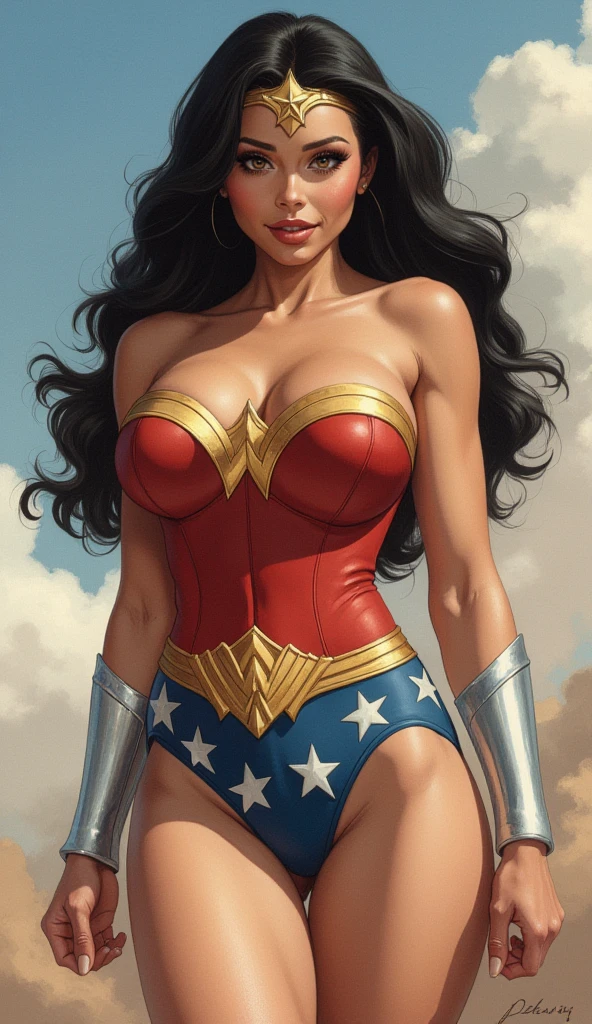 Realistic, Natural Beauty, Masterpiece, Hailee Steinfeld, Perfectly Accurate Face Proportion, Realistic Light Blue Eyes, Thick Eyebrows, Wonder Woman, Wonder Woman Tiara, Curve Wide Hips, Round Ass, Toned Thighs, Toned Arms, Grin Action Ready with Focus on Buttocks: In a slightly crouched position, the tight suit stretches over Wonder Woman's muscular form, accentuating the shape of her buttocks. Her stance, with one leg slightly forward, highlights the defined curves and the fit of her costume, emphasizing her readiness for action.On Her Face,