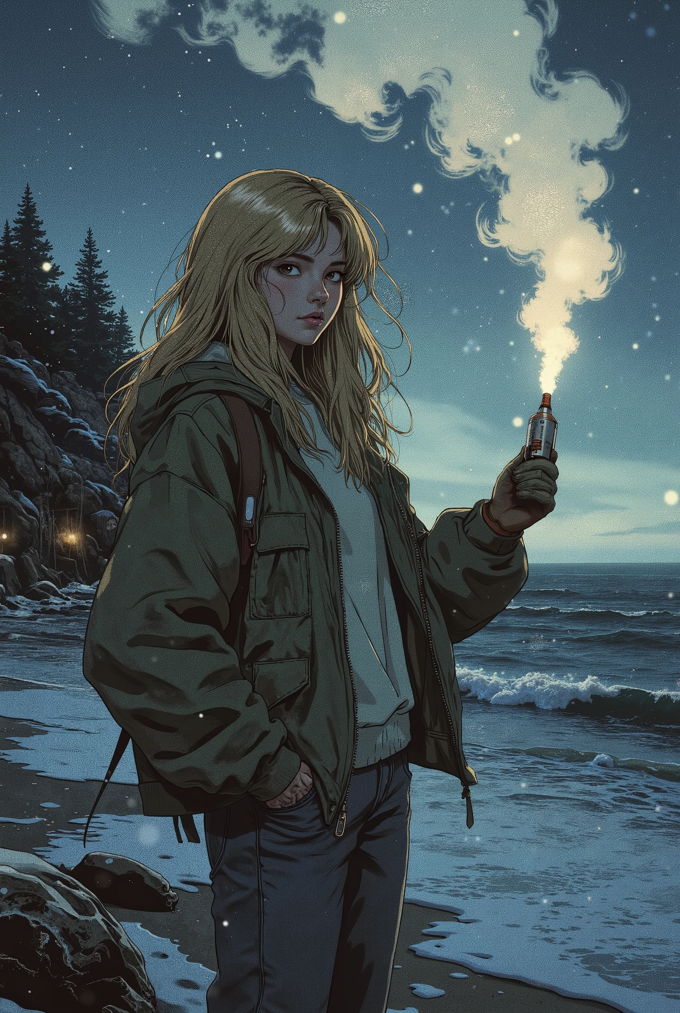 A girl ,  with blond long hair and brown eyes, in a sweatshirt, jacket and jeans,  lets out of his hands a smoke bomb on the ocean shore, late evening, It&#39;s snowing,  dark tones 
