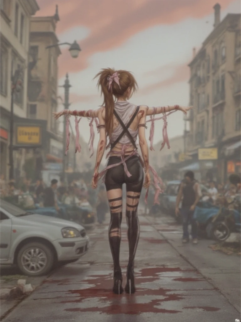 Ultra-realistic 8k CG, masterpiece, best quality, (photorealistic:1.4), absurdres, extremely detailed, real hair, life-like, horror scene, dark setting, provocative pose, girl covered in slime, implied fingering, hand under clothes, fingering, walking on the street, messy purple-black hair, blue eyes, very skinny, goth girl, rolling eyes, wet goth clothes, wearing pink panties, choker, high shoes, full-body fishnet, skull print, squirt, very horny, heart pupil, tongue out, drool flowing from her mouth, aphrodisiac, long black nails, large tattoo, very sweaty body, wet pussy, small breast, wet breasts, small ass, nipple pierced, gothic accessories, gothic neck belt, gothic belt, pierced elf ears, wolf ears, ahegao, 6 , blush, embarrassed, squirting, 115cm tall, wet, wetting