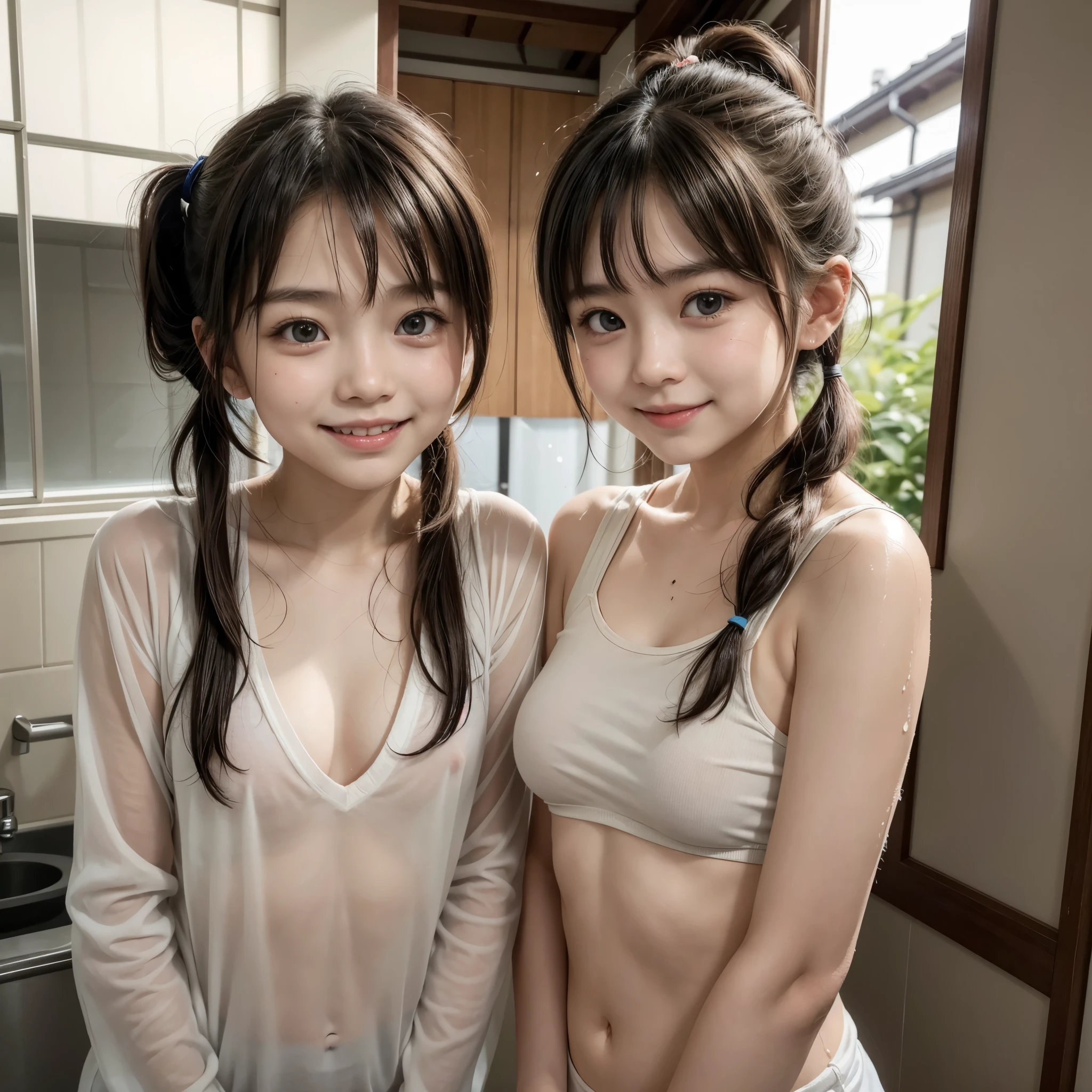 Two girls standing in front of a school classroom,White lace dress,White panties、bangs,Scary short hair with low pigtails,from before,Front light,((-yeld githin、delicate、Sexy collarbones and flat chest、Very small breasts、The whole body is covered in milk、Their chests pressed together、Closely hugging each other))、My whole body was soaked、Clothes are wet and、Chest shows through