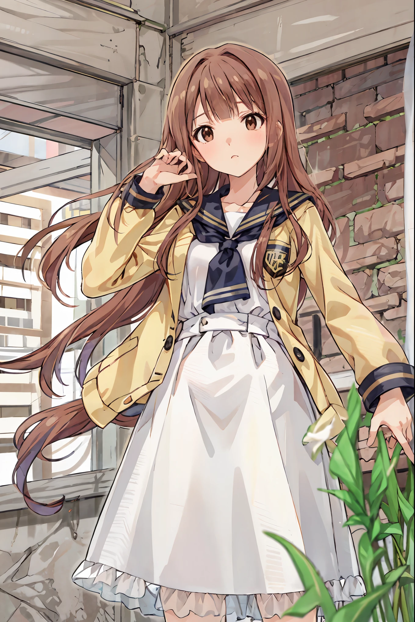 blunt bangs, Hime Cut, Swift Bangs, NFSDW, retina, Masterpiece, accurate, textured skin, super detailed, 解剖学的に accurate, Advanced Details , high quality, Hi-Res, 最 high quality , cute, beautiful age girl , blunt bangs, curly hair, turn my arms around my back , clavicle, Thighs and thighs , school uniform, , Small Boobs, wondrous