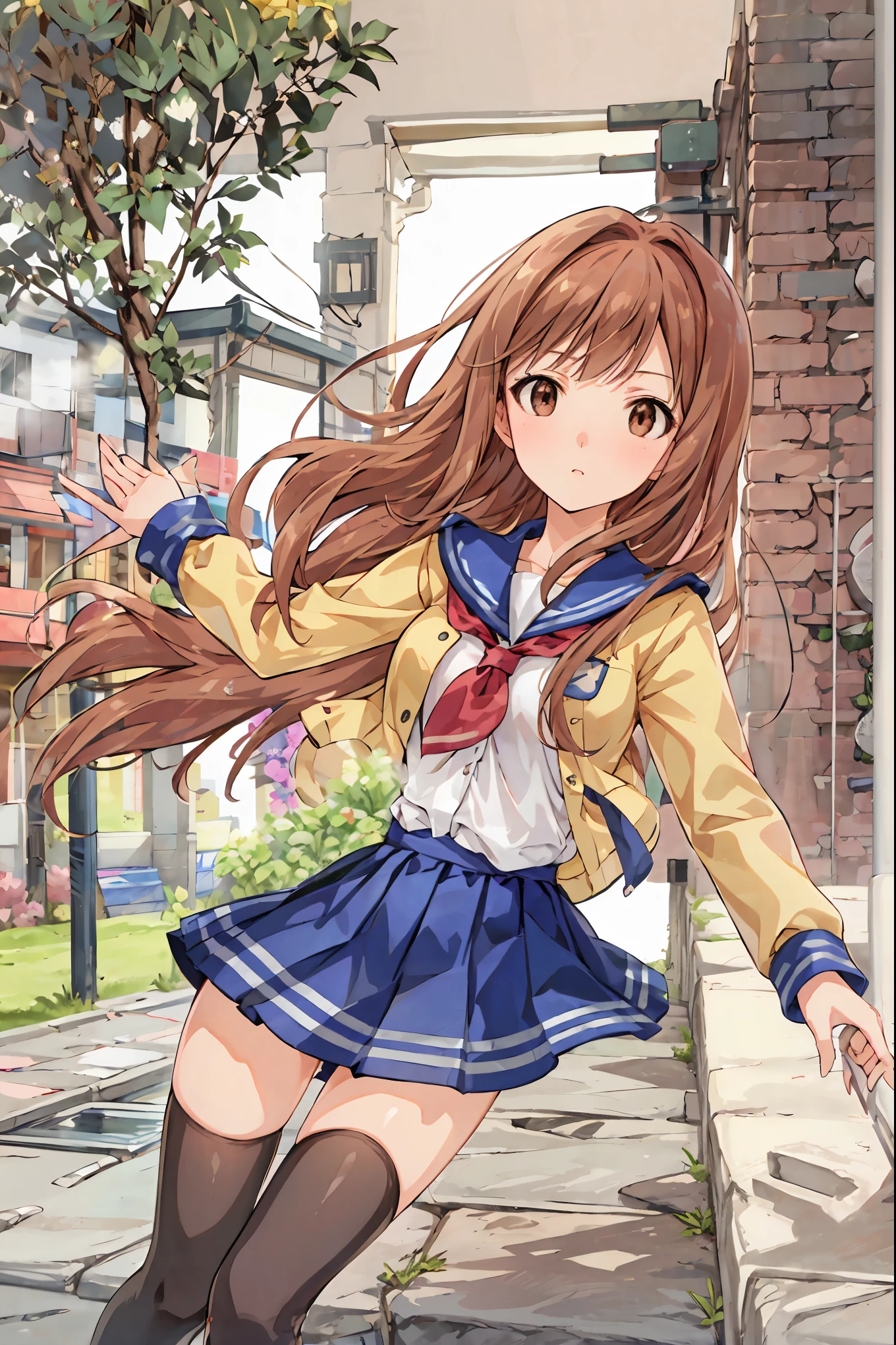 blunt bangs, Hime Cut, Swift Bangs, NFSDW, retina, Masterpiece, accurate, textured skin, super detailed, 解剖学的に accurate, Advanced Details , high quality, Hi-Res, 最 high quality , cute, beautiful age girl , blunt bangs, curly hair, turn my arms around my back , clavicle, Thighs and thighs , school uniform, , Small Boobs, wondrous