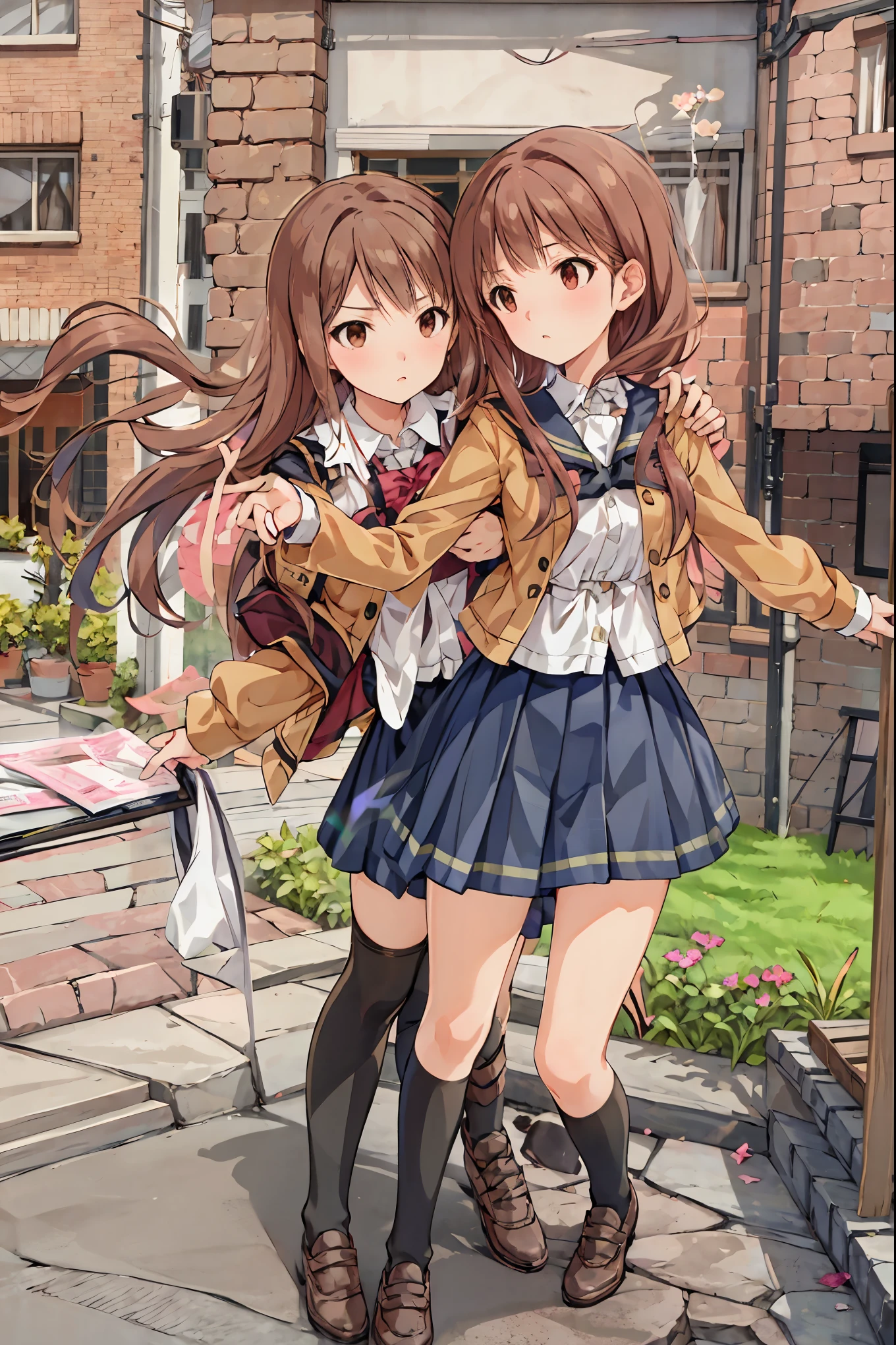 blunt bangs, Hime Cut, Swift Bangs, NFSDW, retina, Masterpiece, accurate, textured skin, super detailed, 解剖学的に accurate, Advanced Details , high quality, Hi-Res, 最 high quality , cute, beautiful age girl , blunt bangs, curly hair, turn my arms around my back , clavicle, Thighs and thighs , school uniform, , Small Boobs, wondrous