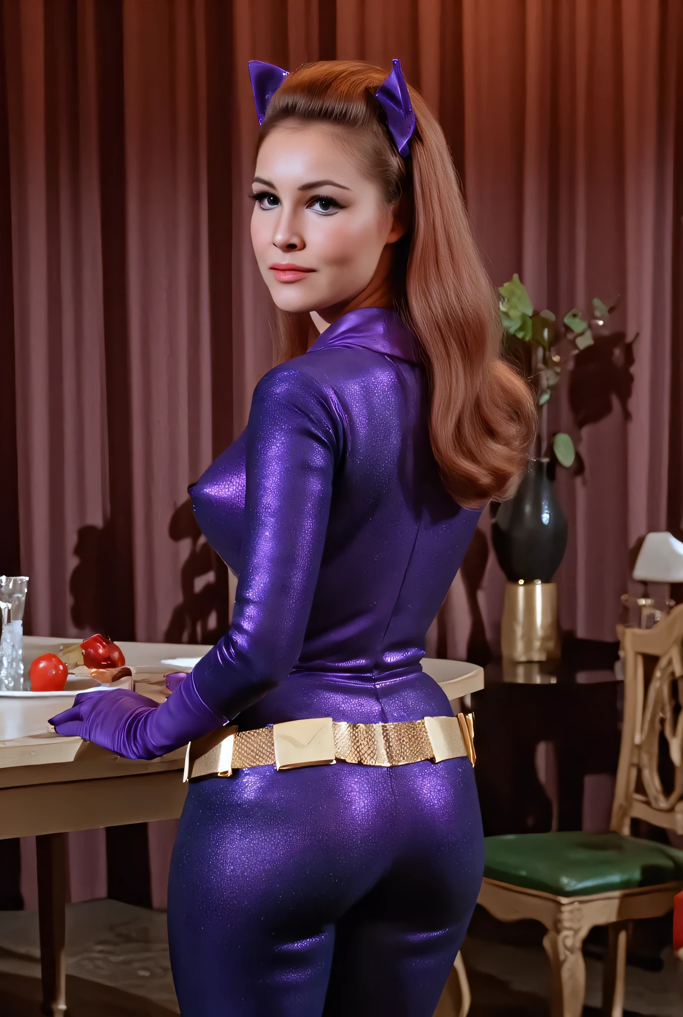  sexy Hungarian model, Masterpiece, Award Winning, High Quality, artgerm, solo, bubble butt, wearing retro Batgirl purple costume , , big breast, retro red hair, looking at viewer, makeup, no cape, b4tg1rl woman, posing sexy, back angle, showing her ass, focus on her ass, She has a round ass, Round ass, large breasts, Backwards, at a 60s gogo club, no gloves, retro50s_style, (solo) This is highly detailed digital illustration in a photorealistic style, depicting a dynamic scene of a girl posing ,1girl, Ultra Detailed, the scene is one of action. illustrious quality, deep rich colors, excellent composition ,making this image a masterpiece of photography and digital art. realistic. making this image a masterpiece of photography and digital art. Style: realistic hyper-detailed rendering, 32k UHD, expressive eyes, punk, graphic design, girl's face, pretty and cute, gleaming lips, telling a tale of adventure. Exuding confidence and serenity. The overall mood of the image is happy and relaxed,detailed skin texture,(blush:0.2),(goosebumps:0.3),subsurface scattering,whimsical, Detailed hand, perfect hands, Niji style, retro50s_style, portal._219, narrow waist, ass focus, big ass
