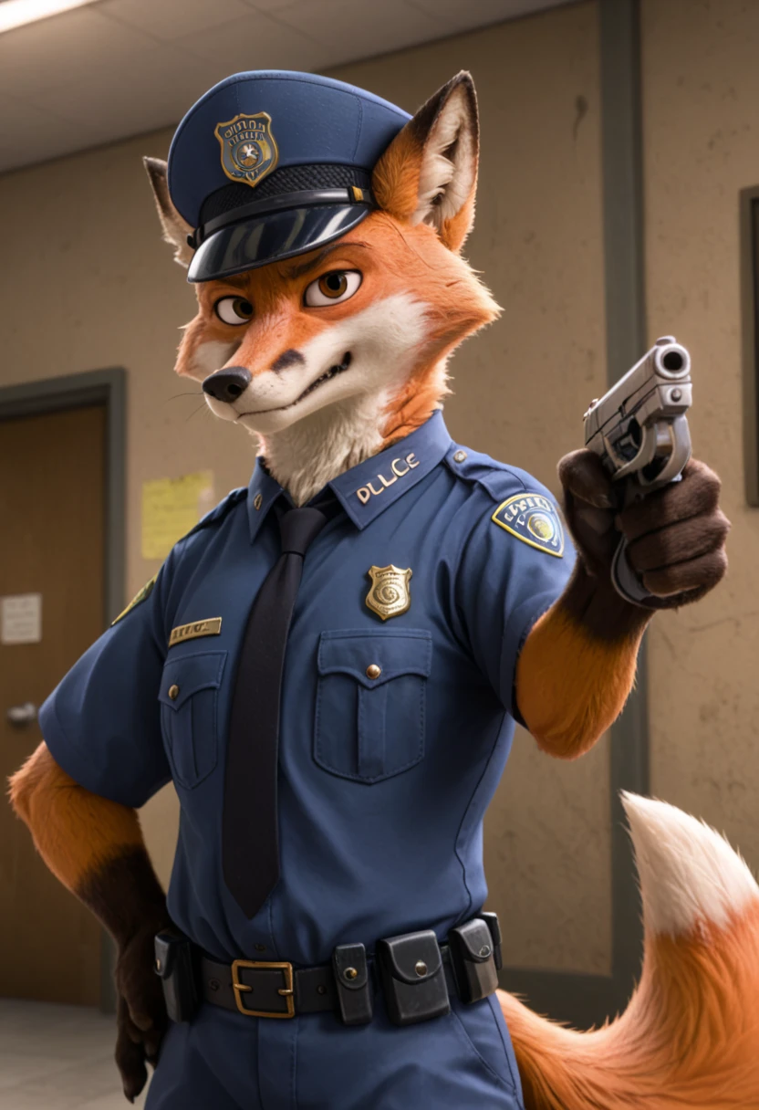 ((best quality)), ((masterpiece)), (detailed),  digital artwork of a  nick Wilde with rock hard abs and a bare midriff wearing a crop top of his long sleeve police uniform with police pants, fox, tail, furry style, anthro style, 