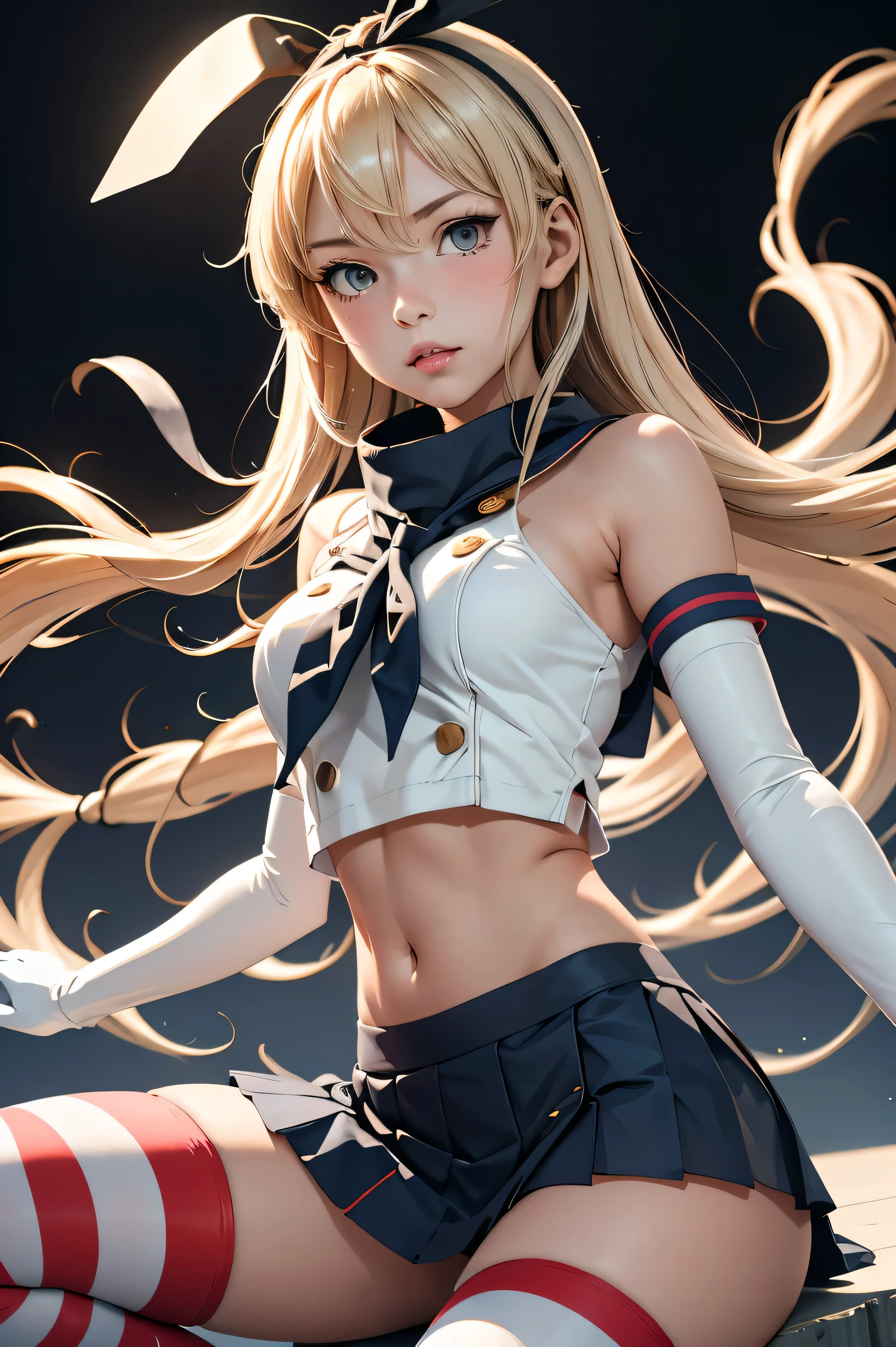 (masterpiece, best quality), 1girl, kancolle, grey eyes, hairband, blonde hair, serafuku, neckerchief, crop top, gloves, elbow gloves, white gloves, navel, blue skirt, thighhighs, striped, striped thighhighs