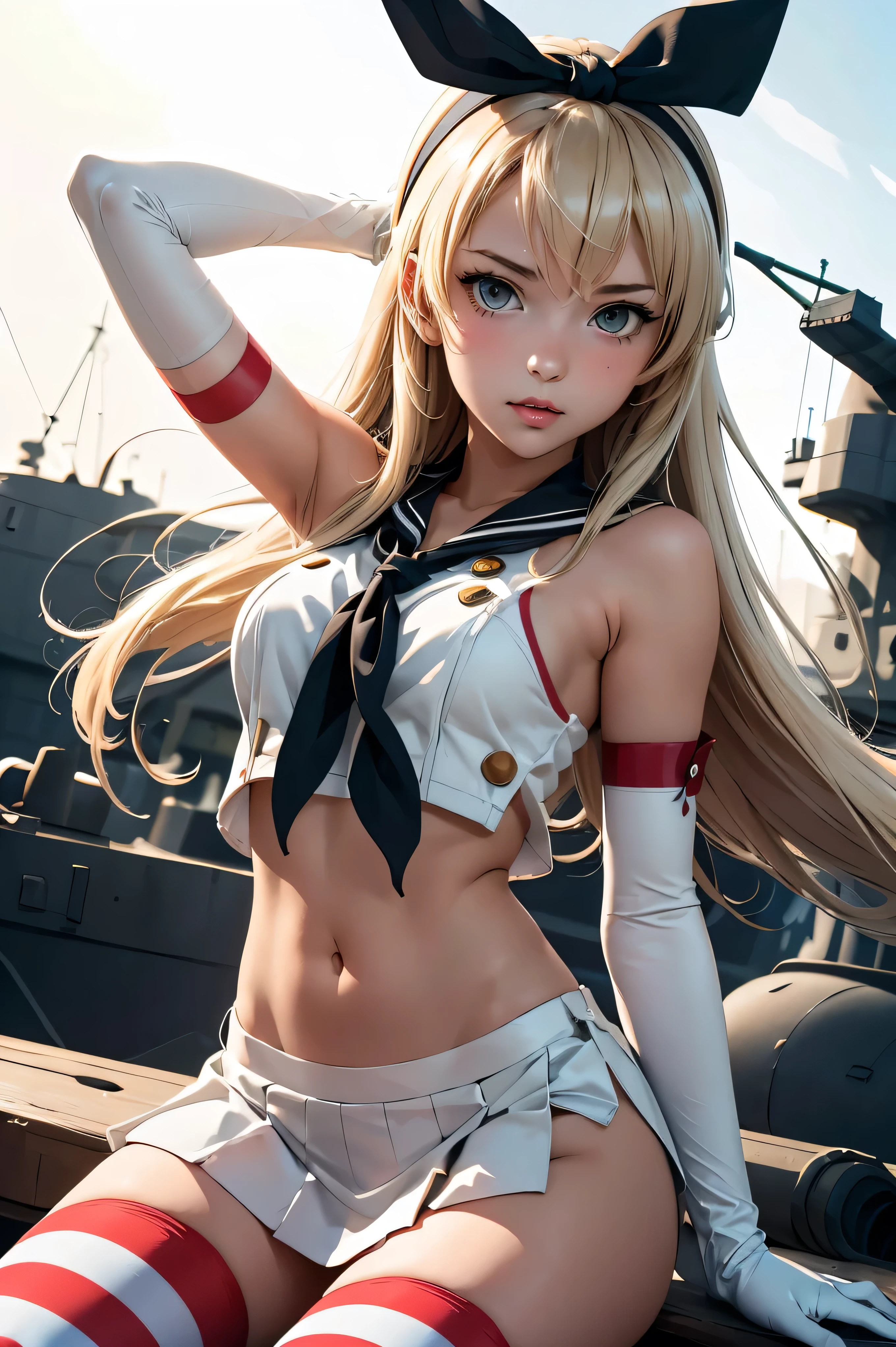 (masterpiece, best quality), 1girl, kancolle, grey eyes, hairband, blonde hair, serafuku, neckerchief, crop top, gloves, elbow gloves, white gloves, navel, blue skirt, thighhighs, striped, striped thighhighs