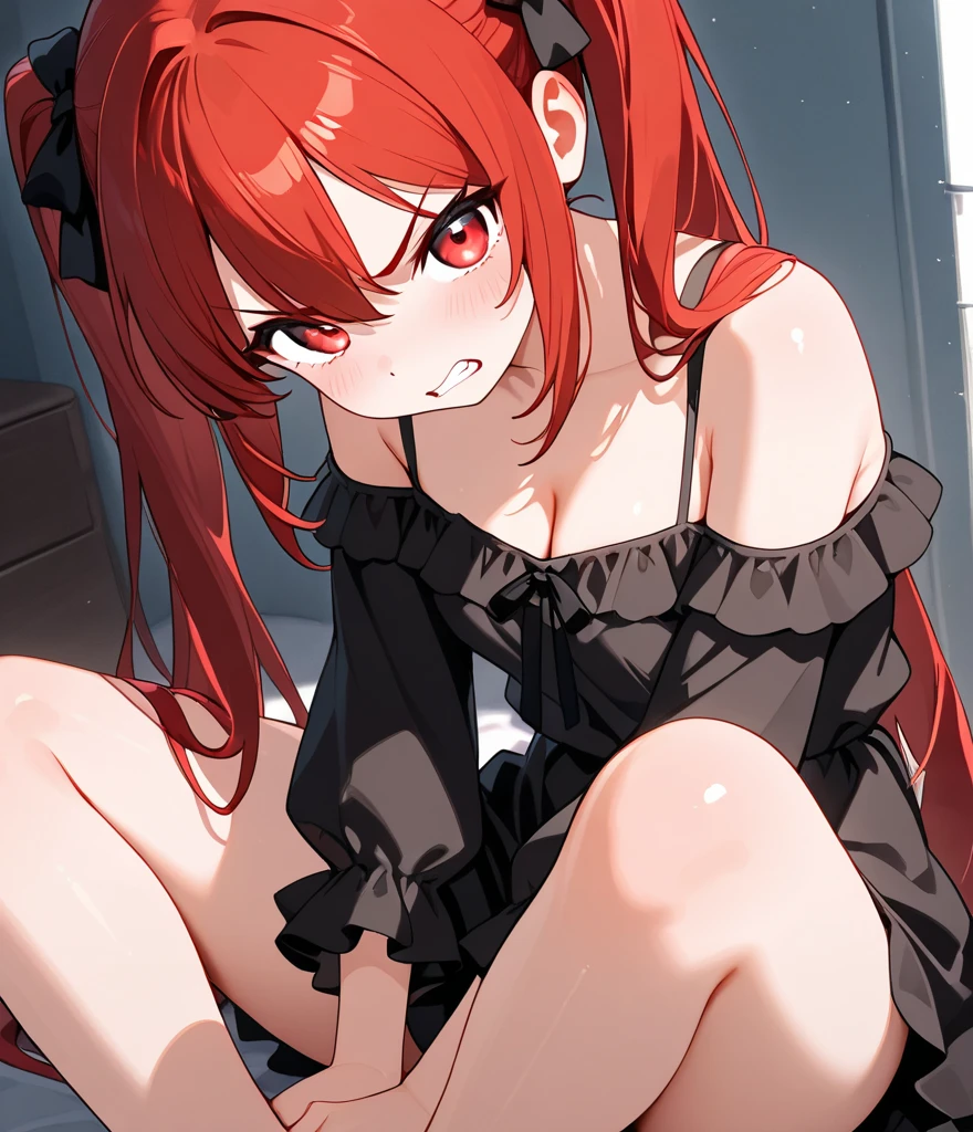 1girl, solo, long hair, looking at viewer, smile, bangs, thighhighs, navel, hair between eyes, twintails, sitting, closed mouth, underwear, ahoge, red hair, fang, black thighhighs, flat chest, orange eyesclosed eyes, tears in eyes, open mouth, saliva residue, wet skirt hem, sticky panties, bulging vibrator cord, vibrator with garters, visible pussy, visible vaginal opening, visible vagina, visible vulva