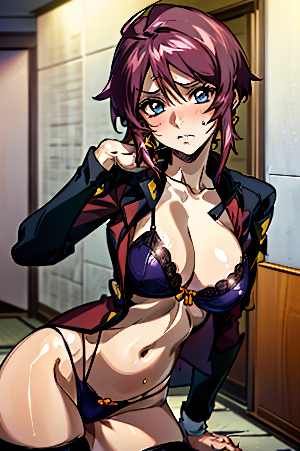  Luna Maria(Highest_ quality:1.0),  super high definition ,  Super Details ,X-shaped eyes , 8k,  NFSDW,  Hi-Res,  , Blurred Background,  bokeh depth of field: 1.2,  lens flare, ( lively_color:1.2),( Masterpiece:1.5), top- quality,  nothing ,  one girl, solo, short hair, ((stupid hair, ((赤紫colorの髪, 紫colorの目, 赤紫colorの髪)))), Gundam Seed Destiny,( Luna Maria_Hawk:1.5）,bedroom, Light from the Front ,( short hairー:1.3)、( anime-like）、 in、細部まinこだわった魅惑的なアニメガール 、((dark blue underwear ))、(Sw_Behind),  Extremely Detailed Eyes,(( Black Thigh High Socks,)),ベッドの上in,(( leg before flushing)),(  military uniform:1.3),(open_ jacket:1.3),  jewelry、clavicle、 earrings、Ryōbi、頭の後ろに手を組んin、 shiny hair、colored inner hair、 beautifulchest、sweating、Highlights、  1 girl、18 years old、  high school student、 beautiful Finger、 beautiful長い脚、 beautiful body、 beautiful nose、 beautiful character design、 beautiful目、 perfect eye、完璧なface、belly button、 beautiful hair、Slim  waist、 looking at camera、 Big Eye、shy、 bikini、  Official Art、Highly detailed CG Unity 8k picture wallpaper、Perfect Lighting、 colorful、 bright_Front _face_Lighting、 ( beautiful fece、big_chest:1.4)、( beautiful_face:1.5)、(Narrow _ waist)、  Delicate Patterned Portrait 、 delicate details、blush、 shiny skin、 high leg、 dark blue bra、 Very Elaborate Bras 、、Ren Hao、  Lace Trim Legwear 、  Delicate Patterned Portrait 、 delicate details、blush、 shiny skin、 estrus, portrait of an anime girl wearing lingerie 、 in、細部まinこだわった魅惑的なアニメガール 、 beautiful魅力的なアニメの女性、[Digital Art in 8K]!,  smooth anime CG art、| anime with fine details、 anime moe art style 、 boobs、