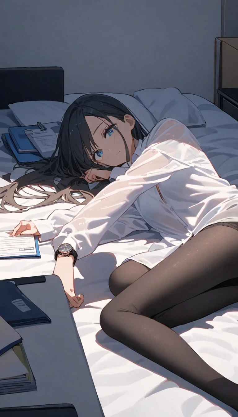 An adult girl is lying flat on the bed. Her back is visible. The girl is lying on your stomach. She's wearing a T-shirt and a miniskirt. There is a laptop on the bed, the girl is typing on it.