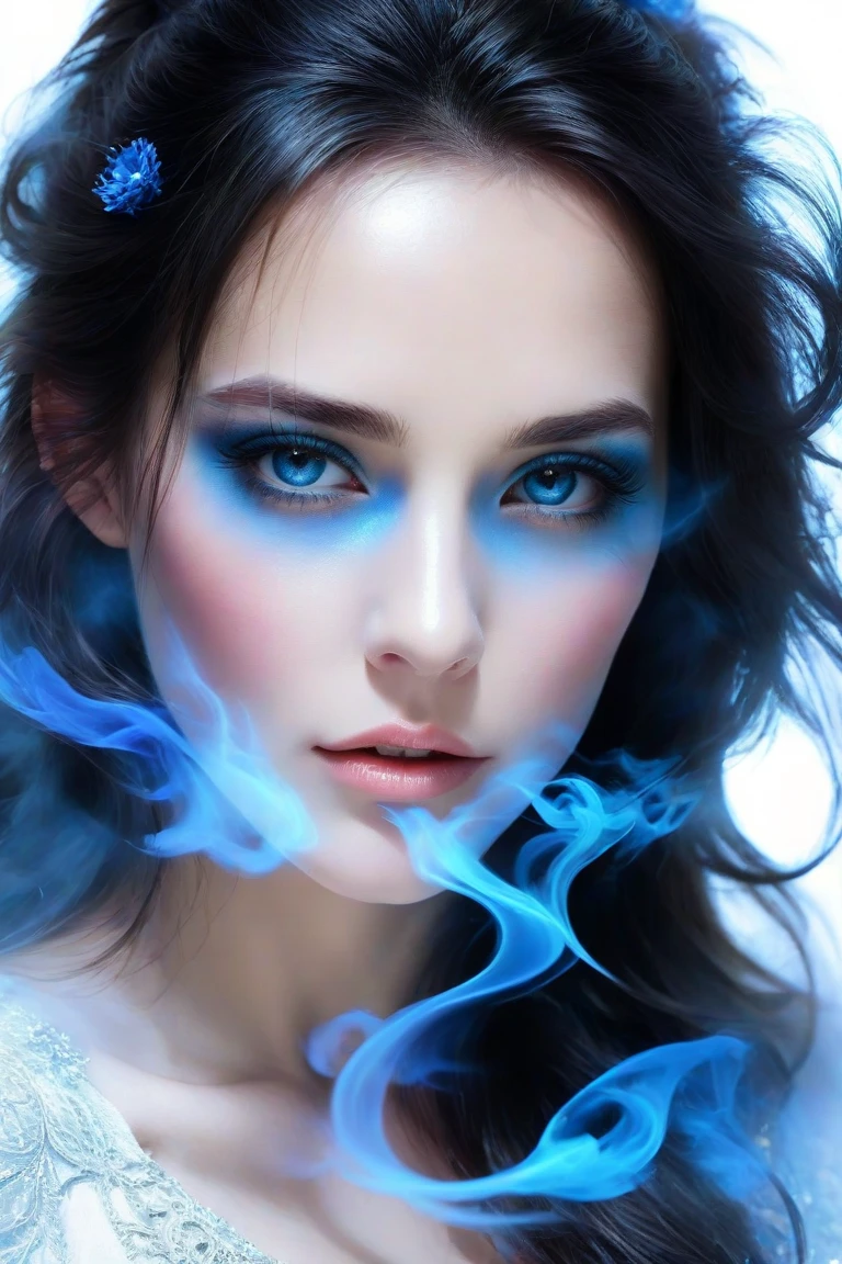 A majestic work of art, a woman, intricately detailed, with an intense, piercing gaze emanating from her singular, striking eye, set against a backdrop of ethereal, swirling blue smoke that appears to shift and undulate as if alive, illuminated by a cinematic lighting scheme that casts dramatic, high-contrast shadows and highlights, evoking a sense of mystery and the otherworldly, with each element expertly rendered in exquisite, high-definition detail, exuding a sense of artistic mastery and visual sophistication.