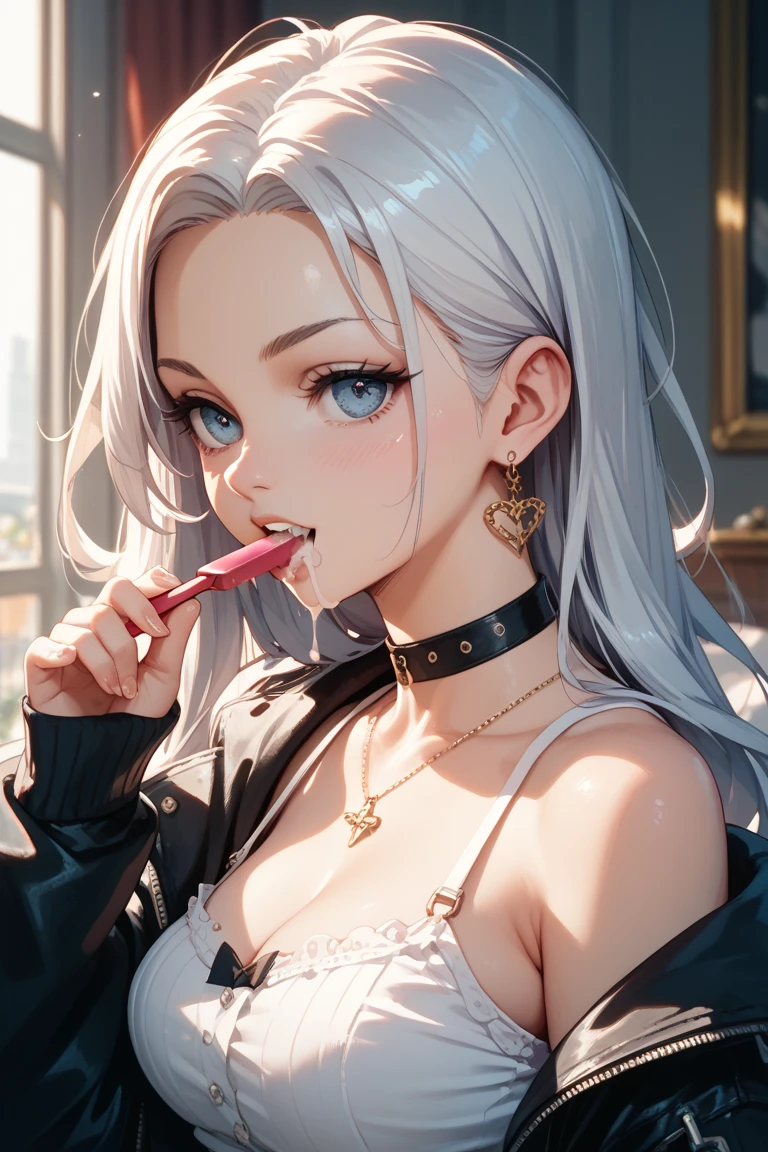 (masuter piece:1.2、top-quality)、(Real Photographics、intricate-detail)、1lady、独奏、The upper part of the body、rcasual、Long、Minimal make-up、Natural Fabric、facial close-up、 garments:One-piece transparent:1.2、Opening Mouth、stick out your tongue、Akkanbe、