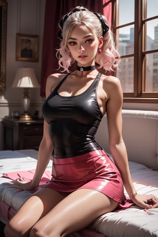 Photorealistic, high resolution, soft light, 1 woman, alone, busty, pink hair, green eyes, some freckles on the face, smile, high-heeled shoes, lying on the bed, a black skirt, white shirt, jewelry.