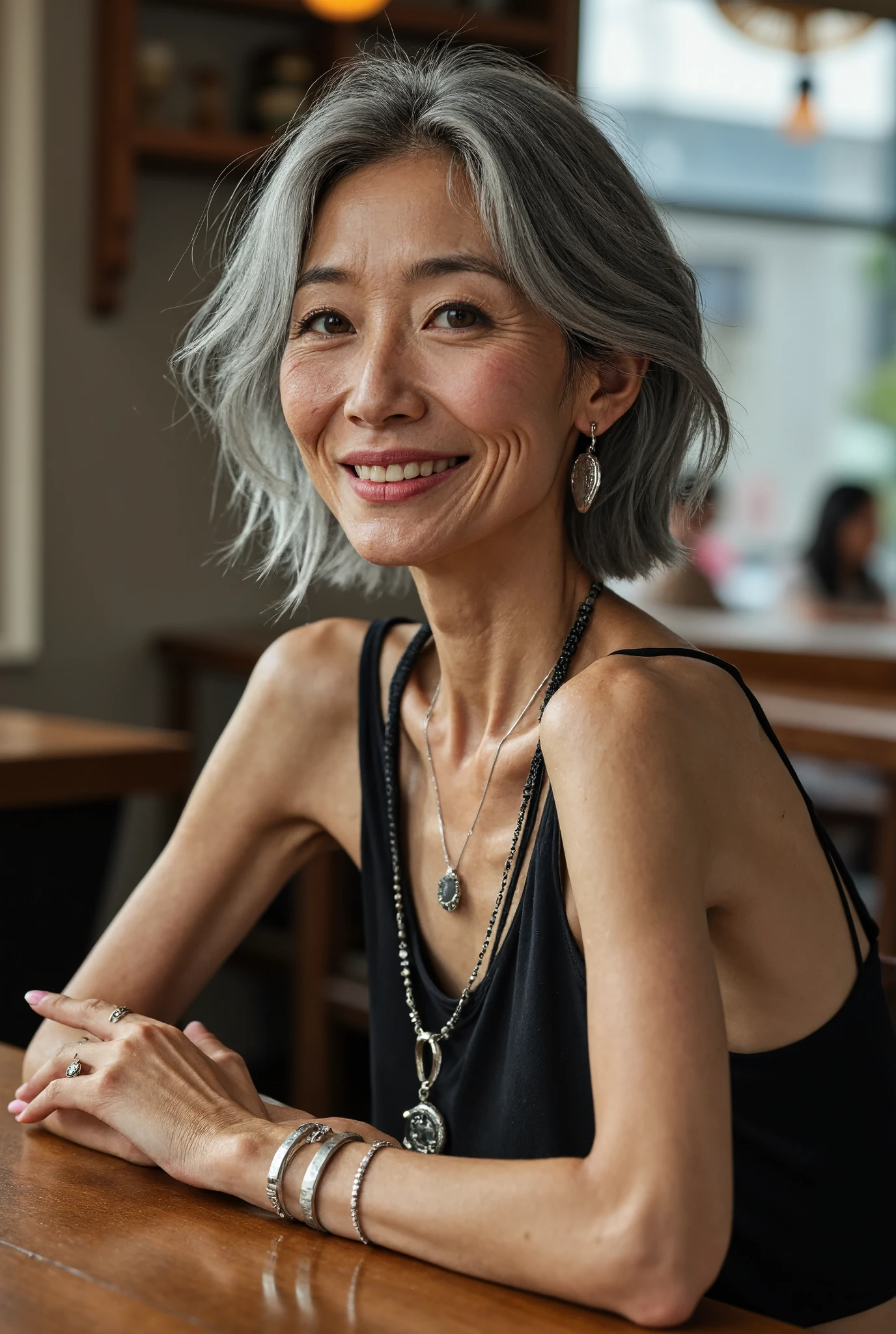 Detail Tweaker LoRA、 photorealistic、 full body image、60-year-old Japanese charismatic old tribal fashion model、 grandma who forcibly makes her younger、Small wrinkles, freckles, and spots on the skin、Naughty smile、A thin, poor body、super petite body、Irritated skin、 Natural Makeup、Silver damaged and bulky princess cut gray hair、 looking at camera、 completely naked、 I'm sitting and laughing at a country-style coffee shop where bright sunlight shines in、Wedding Rings、A tribal bracelet with lots of silver、Tons of tribal silver accessories 、Do your best to create images!You can do it!