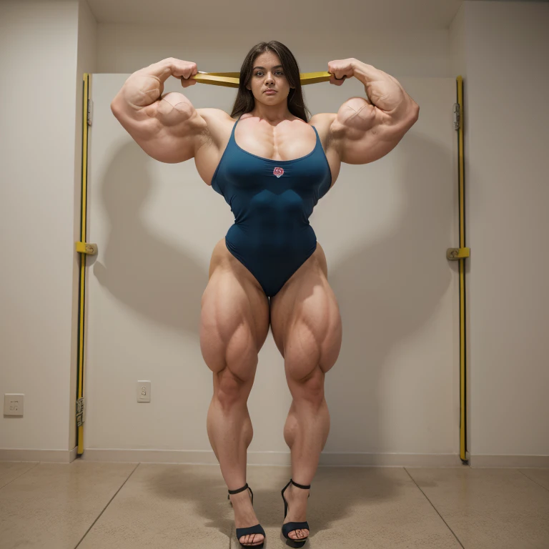 masterpiece, best quality, ultra-detailed, real photo quality,Woman in blue cheongsam、Sleeveless cheongsam、4５Face of an old woman、Beautiful face like a model、Black long boots、Stiletto heels、Proud pose、Standing posture、very developed muscular physique、bulging muscles、Extremely muscular legs、Protruding veins、Muscular body like a bodybuilder、muscular thick neck、Incredible Strength