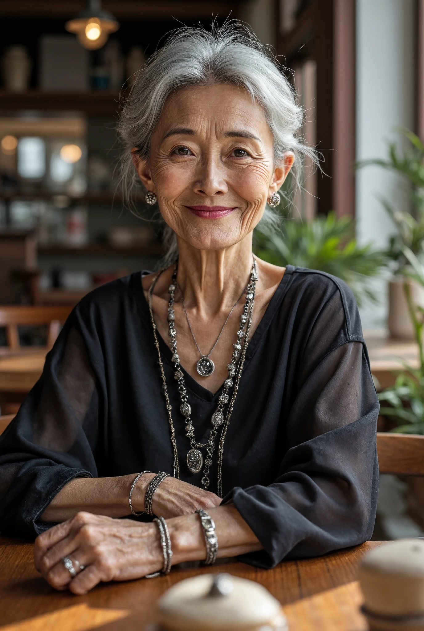 Detail Tweaker LoRA、 photorealistic、 full body image、60-year-old Japanese charismatic old tribal fashion model、 grandma who forcibly makes her younger、Small wrinkles, freckles, and spots on the skin、A dreamy smile、A thin, poor body、super petite body、Irritated skin、 Natural Makeup、Silver damaged and bulky princess cut gray hair、 looking at camera、Sitting and laughing in a country-style coffee shop where bright sunlight shines in、Wedding Rings、A tribal bracelet with lots of silver、Tons of tribal silver accessories、Do your best to create images!You can do it!