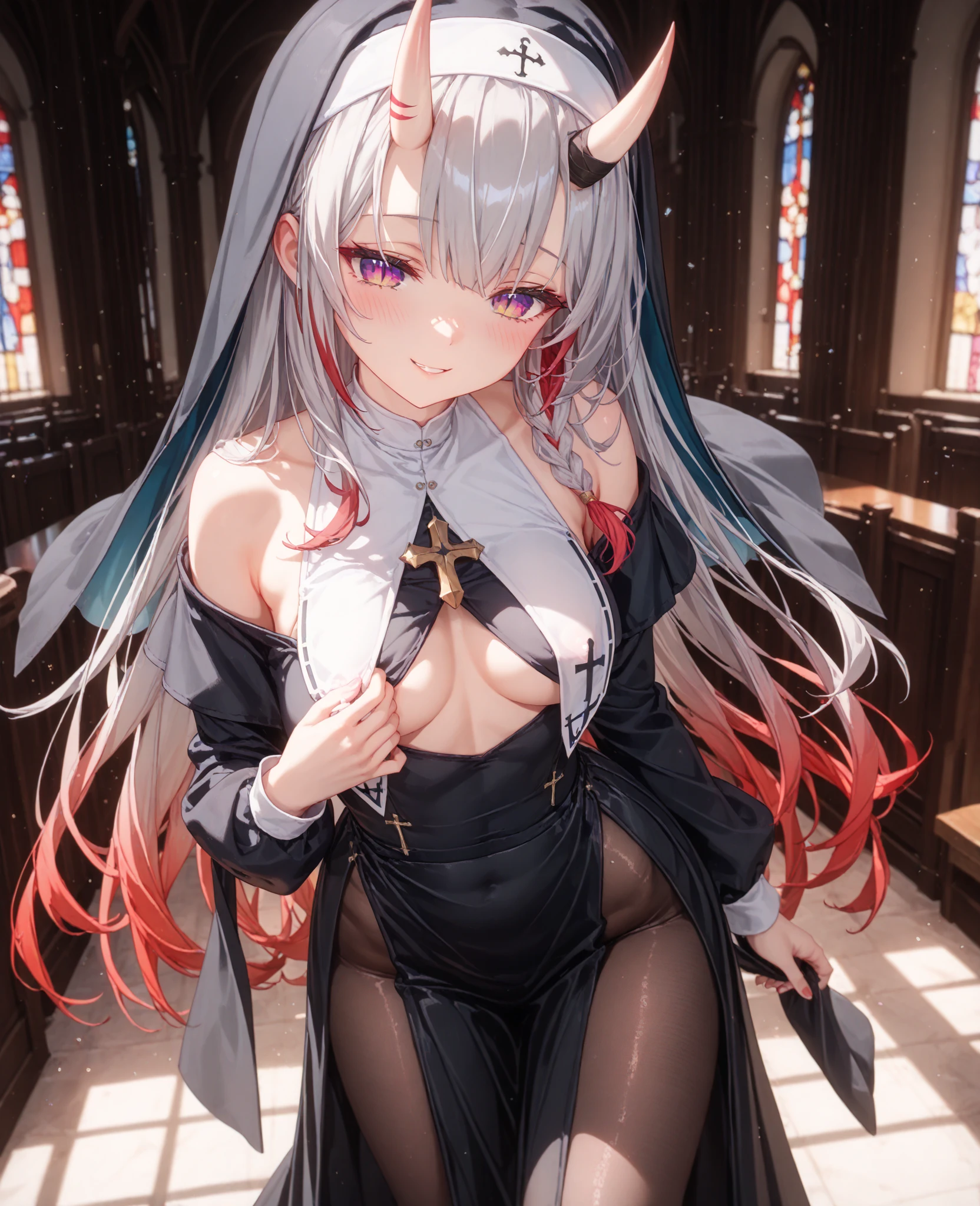 1girl, (angry), white hair, ((hourglass figure)), black tights, (from below), looking at viewer, ((thick thighs)), ((pussy)), ((lingerie)), ((black lingerie)), ((naked breasts)), (nipples)