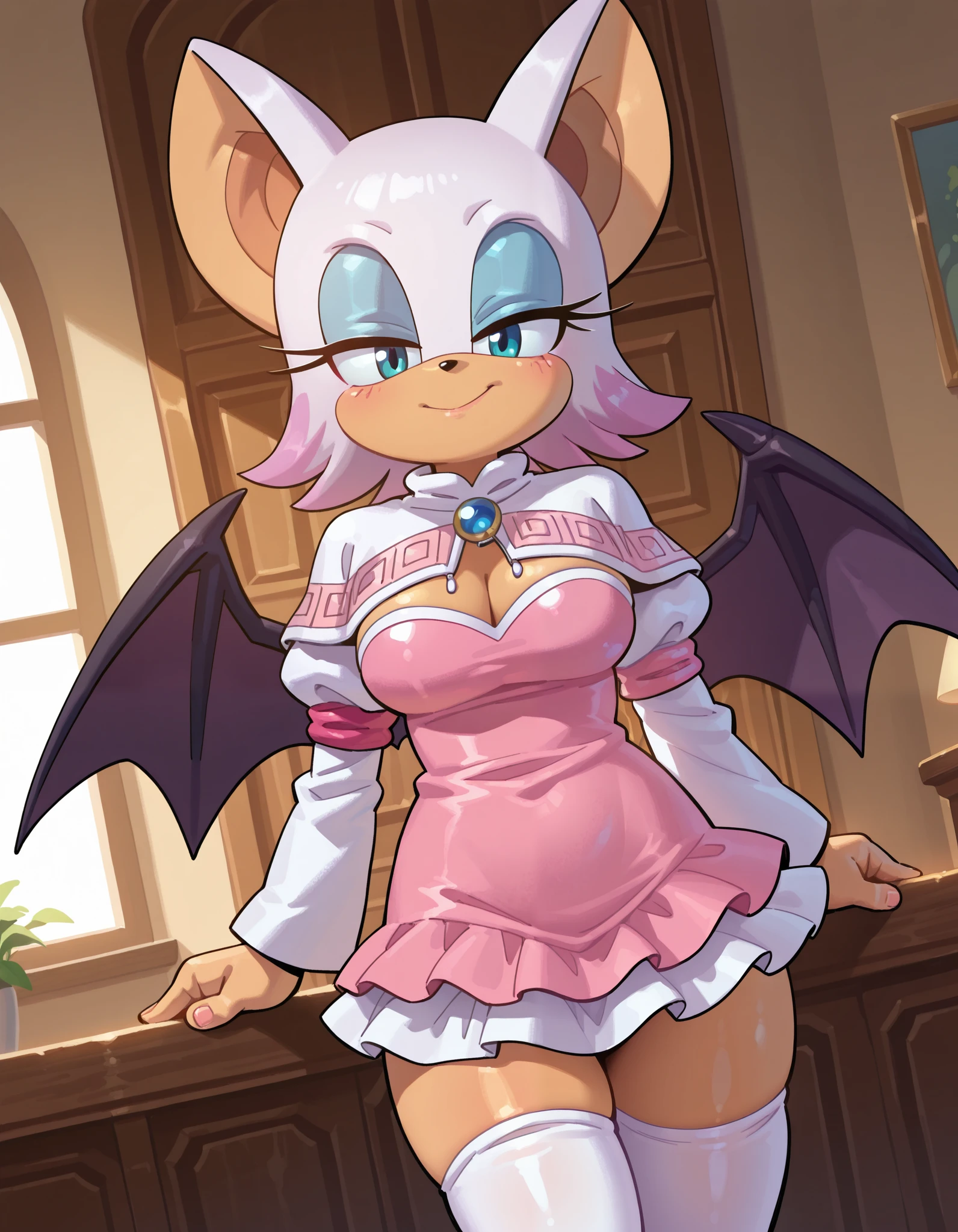 masterpiece, best quality, amazing quality, very aesthetic, absurdres, source furry, ((Rouge the bat)), (front view), ((short body)), half closed eyes, cyan eyes, blue eye makeup, (seductive stare), (looking at viewer), indoors, (kanna kamui cosplay), (bat wings), medium breasts, deep cleavage, smile, standing, thighhighs, long sleeves, pink dress, capelet, juliet sleeves, indoors, looking at viewer, dutch angle, cowboy shot