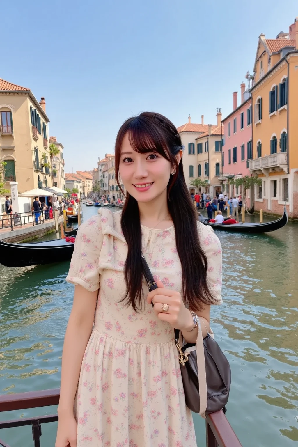 "A Japanese woman exploring the picturesque canals of Venice, Italy. She is wearing a stylish summer dress, sunglasses, and a light scarf, standing near a gondola as it glides through the serene water. The historic Venetian buildings with their intricate architecture line the canals, and the woman smiles as she enjoys the charming atmosphere. In the background, the iconic Rialto Bridge and gondoliers in traditional attire can be seen. The sky is clear and bright, reflecting the vibrant colors of the city."