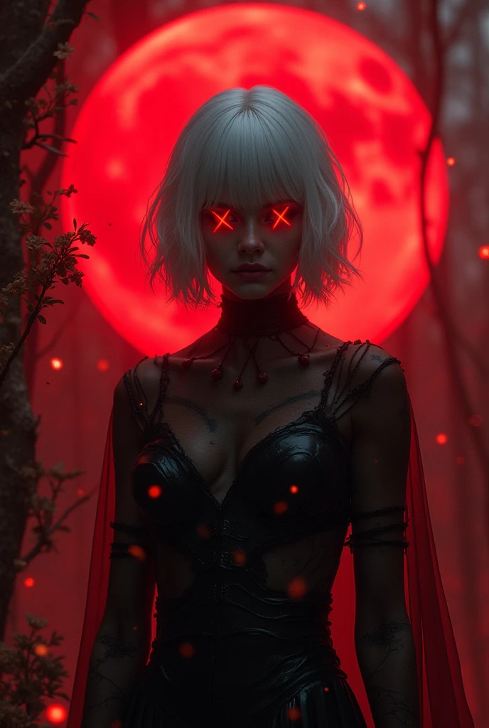 I want a girl with short white hair with a red apiary with red eyes with the letter X on her eyes with a crimson red moon behind her