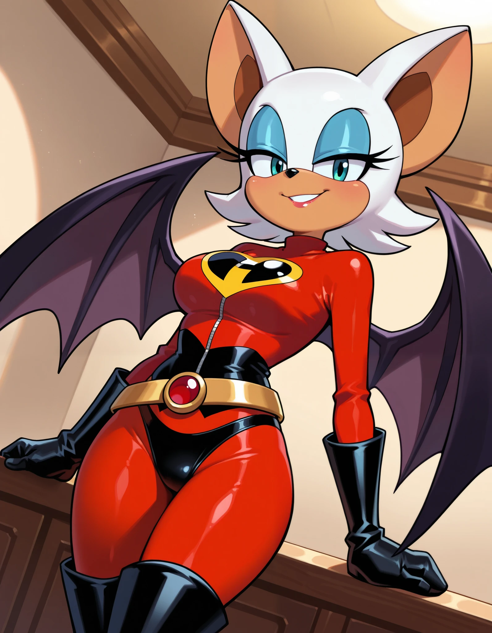 masterpiece, best quality, amazing quality, very aesthetic, absurdres, source furry, ((Rouge the bat)), (front view), ((short body)), half closed eyes, cyan eyes, blue eye makeup, (seductive stare), (looking at viewer), indoors, (Helen Parr cosplay), red Incredibles costume, black panties, black gloves, black knee boots, gold belt, (bat wings), medium breasts, smile, standing, indoors, looking at viewer, dutch angle, cowboy shot