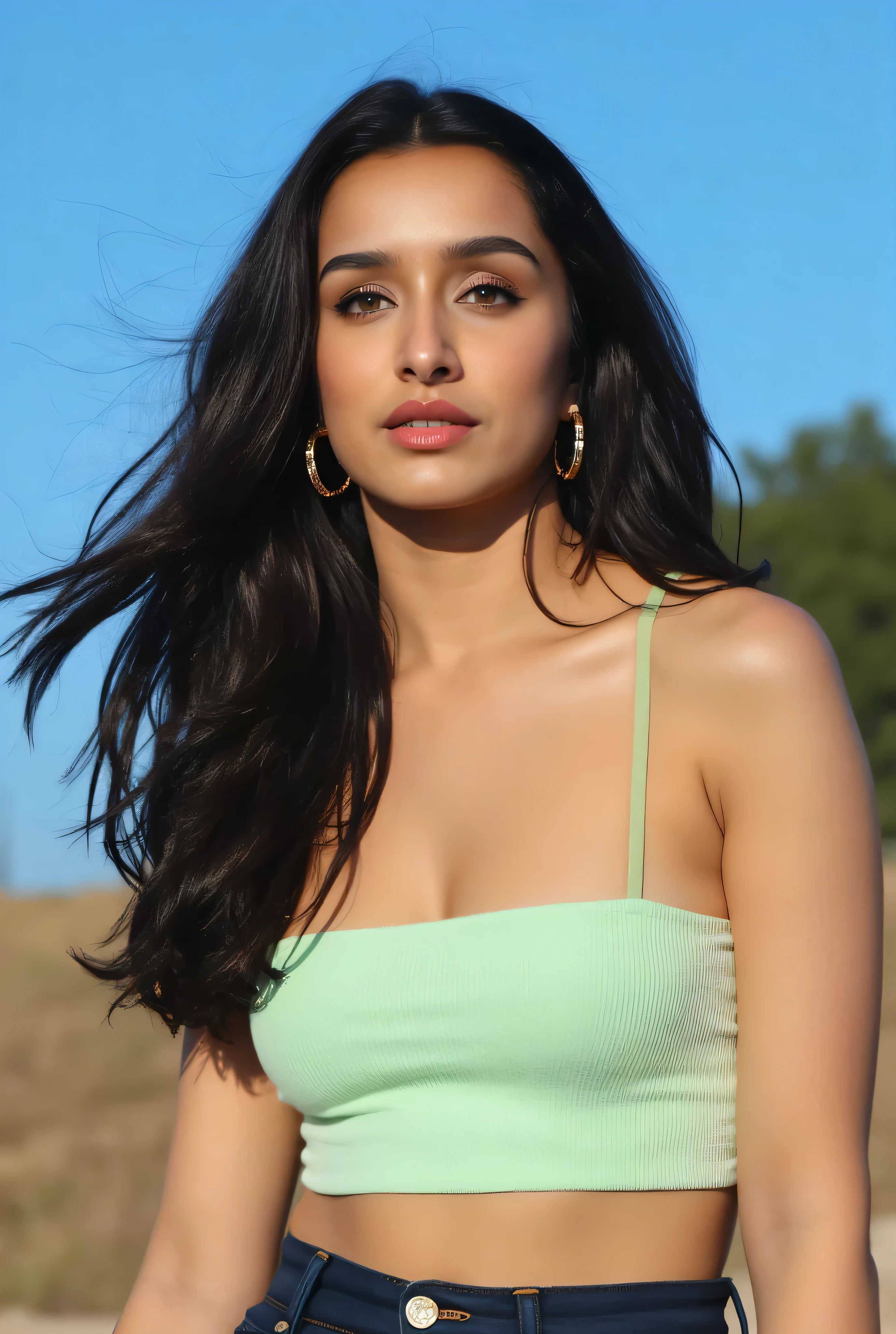 Shraddha Kapoor  has  black hair that flows with the wind. Shraddha Kapoor sports a light green tank top and dark blue shorts, giving her a casual yet stylish look. Her side profile reveals the fashionable headphones she wears, as she gazes upwards, lost in thought. The clear blue sky background highlights the outdoor setting, and her relaxe