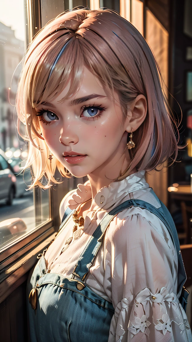 Masterpiece, Best quality, beautiful girl with beautiful sensuous eyes, sensuous smile, kawaii hair, Light makeup, Realistic face, Detailed skin, Wearing transparent-plastic jacket, Night bar, sheer