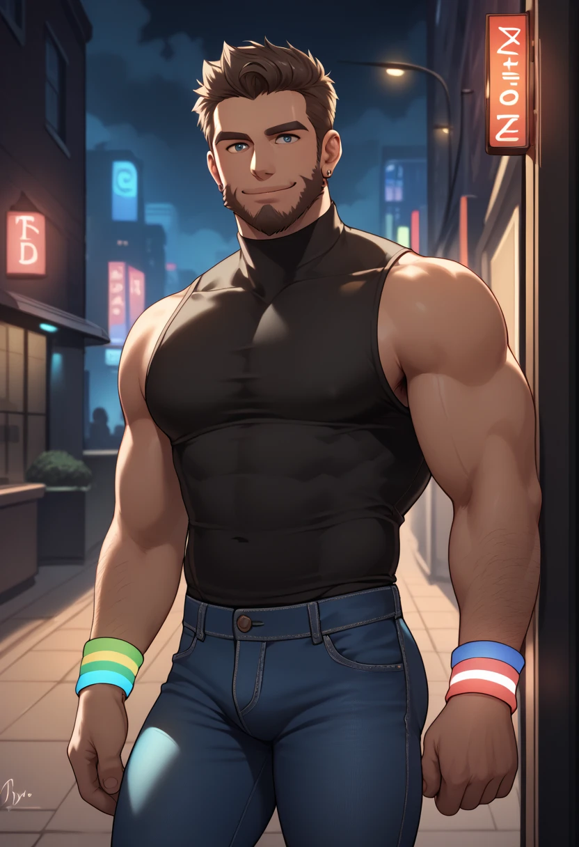 Male, ((((muscular)))) ((((thick thighs toned body)))) (caramel skin) blonde hair, beautiful brown eyes, short hair, short sleeve shirt, tight pants, cute smile, friendly aura, cyberpunk setting, (very detailed, high resolution, hyper realistic)