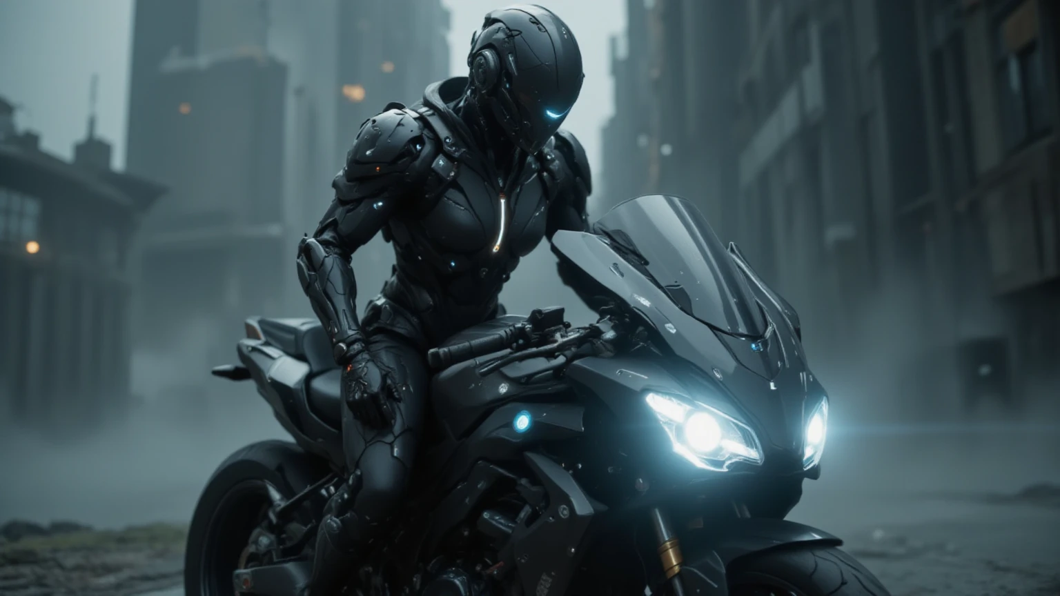 Strong handsome full body black mecha cyber handsome warrior, hands on chest, cyber mechanical motorcycle, high-tech black full enveloping faceless helmet, Nousr, biomechanics, MSHN robot man, high-tech helmet, surreal, steel, intricate design, crazy details, fine details, extremely clear lines, cinematic lighting, photorealistic, detailed masterpiece