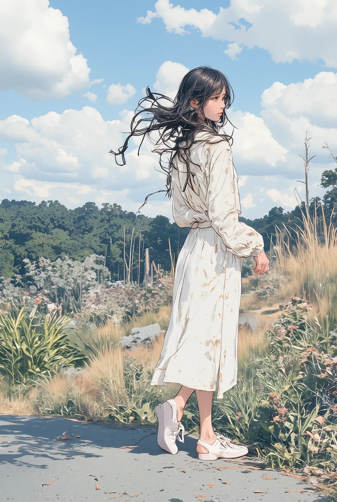 A 20-year-old white girl with light brown hair , blue eyes, looking forward , elegant white dress, white gloves, a little beige bag , set against the backdrop of an autumn afternoon in a small rural town in the United States