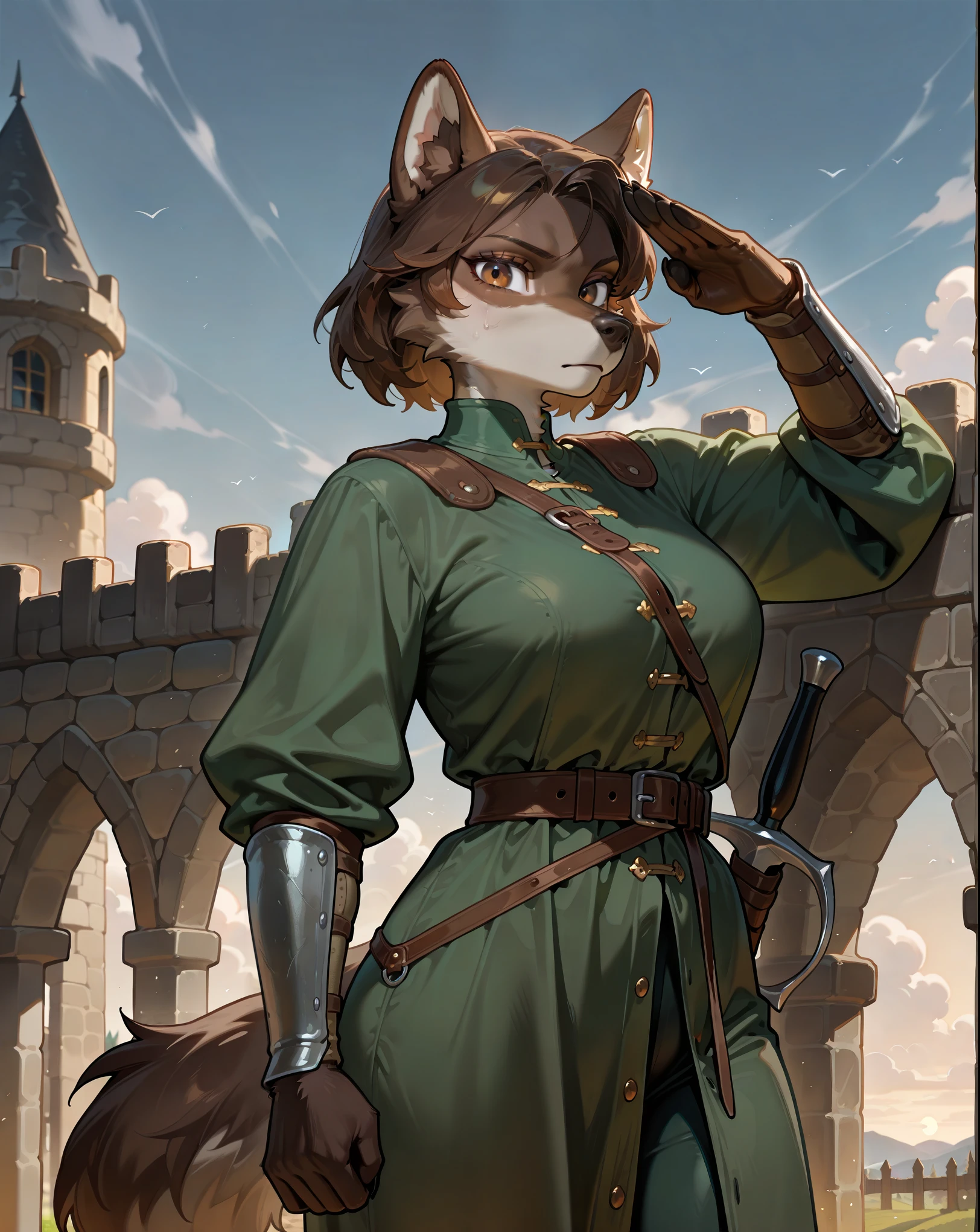 (masterpiece quality, best quality, high resolution:1.1), cowboy shot, (solo, 1 female dark brown wolf furry:1.35), perfect anatomy, medium short hair, deep brown eyes, (adult, mature, cool, beautiful, earnest, fluffy), furry features, (tall), skinny, slender, (elite medieval soldier, medieval soldier equipment, green clothing), looking at viewer, serious, (nervous:0.75), salute, at fantasy medieval castle, at narrow castle gate