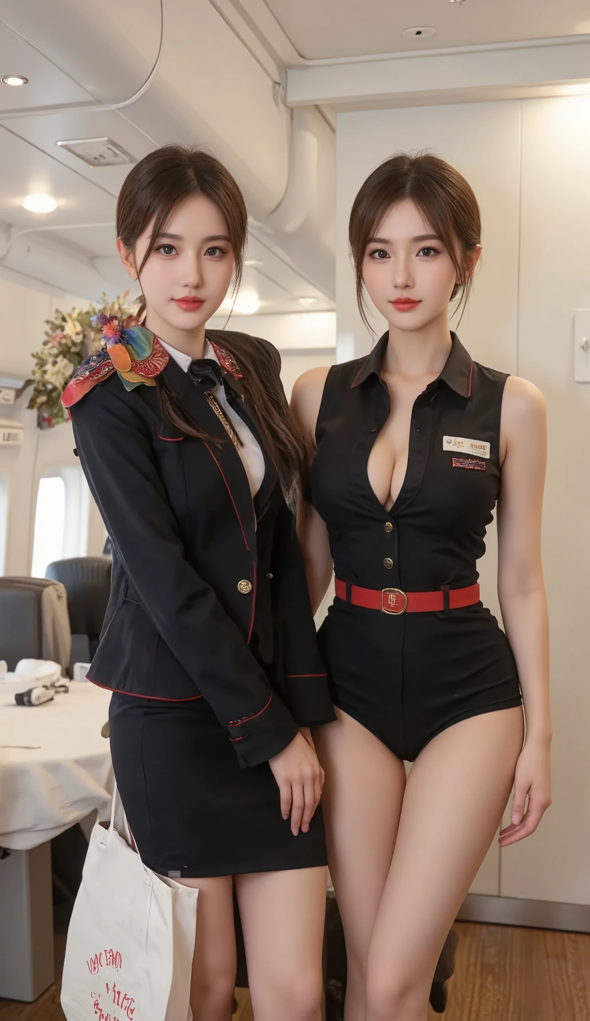 2girl, 2 girl, waist up, concept art, [shu qi:Cruise Ship Staff (e.g., cruise ship stewardess):1], grabbing vagina, masturbating touching her breast naked her vagina no panties, Ruff, Anklet, Makeup, loop lighting, 80mm, official art, unity 8k wallpaper, ultra detailed, aesthetic, masterpiece, best quality, photorealistic, vibrant