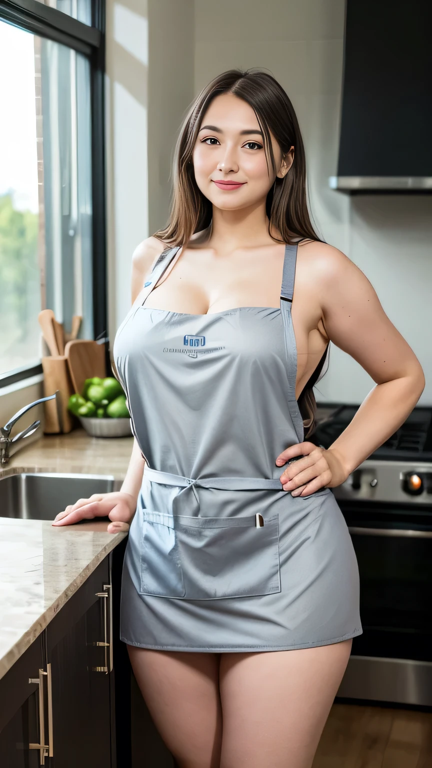 Realistic, (( young woman))、Big Breasts、((Simple Apron)) ,  Wearing a naked apron,In the kitchen,Vulgar wife,Big Eyes,room, bright,( curvy body), no makeup in the coal mine, slouching ,  sweated,  face focus  ,((O natural smile ))、 oily skin  、((Japanese Beauty))、 revealing apron、 deep cleavage、Beautiful clavicle、( slender figure)、Model face 