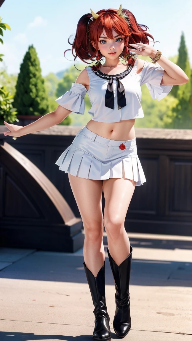 masterpiece, highest quality, figure, fighting pose, 1 girl, Noel Genshin Impact, silver short hair, green eyes, Maid skirt with red side parts, Maid Knight, Maid Knight armor, City Bridge, water,
