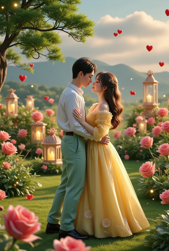In a captivating digital art masterpiece, a couple shares a romantic dance in the center of an enchanting garden on Valentine's Day. The scene is illuminated by floating candles and lanterns, casting a warm, soft glow. The intricate details of the garden, from the delicate petals of the flowers to the lush green foliage, are rendered in stunning 8K resolution. The couple, lost in their embrace, exudes a sense of deep love and connection. The atmosphere is filled with a magical and dreamy quality, enhanced by the gentle light and the serene beauty of the surroundings.