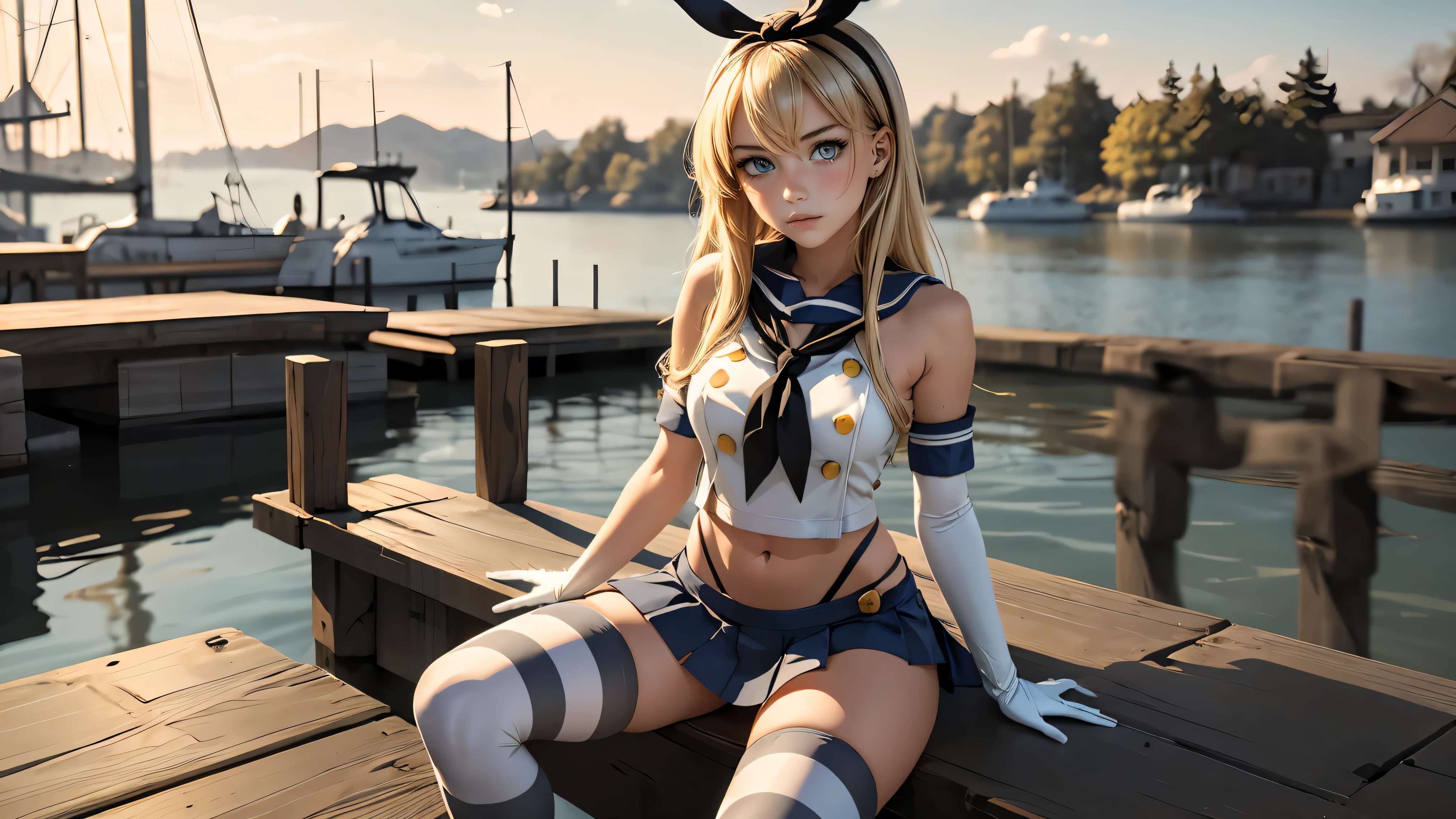 (masterpiece, best quality), 1girl, sitting on the edge of a dock, kancolle, grey eyes, hairband, blonde hair, serafuku, neckerchief, crop top, gloves, elbow gloves, white gloves, navel, blue skirt, thighhighs, striped, striped thighhighs