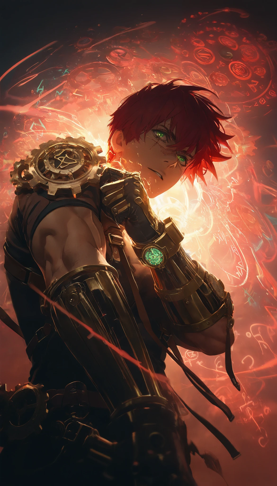  a man up close with a cybernetic steampunk glove with gears,  iron and steel pipes ,  straps that hold it to the body , long shoulder prosthesis ,  arm in the foreground super detailed ,waxed fist  , precision watch  ,  Electric coils  ,  protected steam  , muscular man,Red hair,  masterpiece,  the best quality,  incredible quality ,  perspective,  dynamic pose,  dynamic Dutch angle ,Alone , old , brutal, cunning,  looking at the spectator,  looking straight ahead, a golden metal eye  , impermeable ,  in front of the spectator,  motion blur  , facial scar, (runes:1.2), (  Brilliant Magic Runes  :1.2),green eyes on background,Intense lighting and energy,Perspective and aggressive angles,  Chromatic Aberration , Saturated colors and high contrast, Thick, distorted strokes, Vibration and distortion effect,extremely bright and saturated colors ,  especially deep red and neon blue, character lines are thick and do not have clean outlines ,  but appear to be fragmented or electrified with a glitch or digital distortion effect.