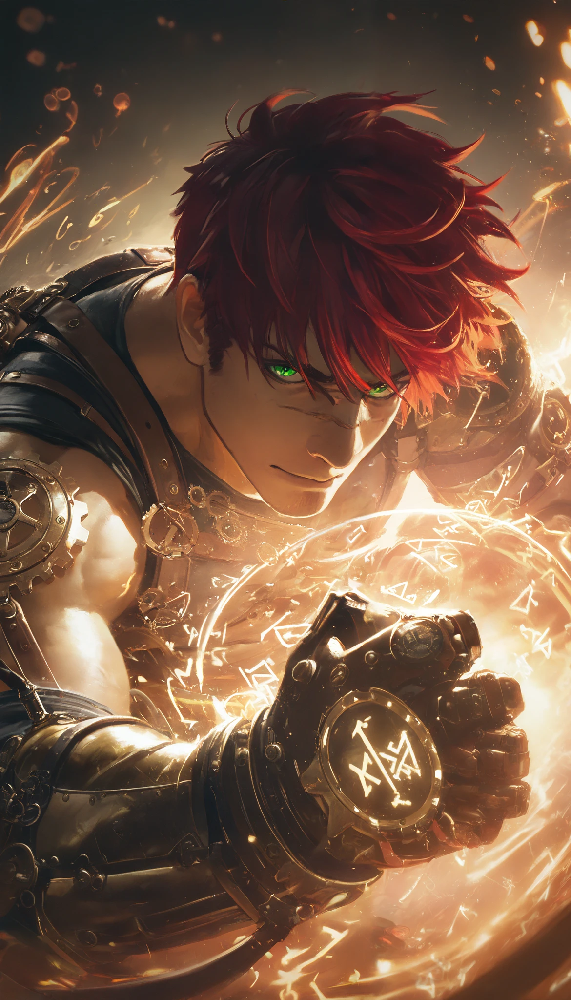 a man up close with a cybernetic steampunk glove with gears, iron and steel pipes , straps that hold it to the body , long shoulder prosthesis , arm in the foreground super detailed ,waxed fist , precision watch , Electric coils , protected steam , muscular man,Red hair, masterpiece, the best quality, incredible quality , perspective, dynamic pose, dynamic Dutch angle ,Alone , old , brutal, cunning, looking at the spectator, looking straight ahead, a golden metal eye , impermeable , in front of the spectator, motion blur , facial scar, (runes:1.2), ( Brilliant Magic Runes :1.2),green eyes on background,Intense lighting and energy,Perspective and aggressive angles, Chromatic Aberration , Saturated colors and high contrast, Thick, distorted strokes, Vibration and distortion effect,extremely bright and saturated colors , especially deep red and neon blue, character lines are thick and do not have clean outlines , but appear to be fragmented or electrified with a glitch or digital distortion effect.