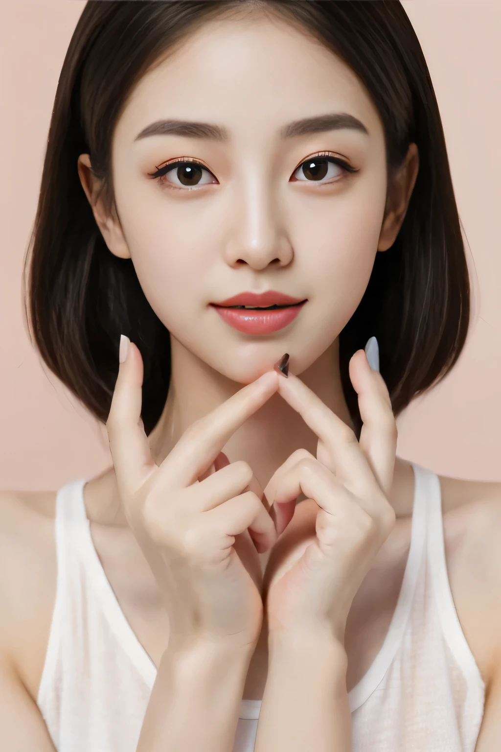 closeup of a woman 。 wear a white shirt 、 applying pink lipstick 。, index finger, {{ perfect hand, With your fingers, Fix your hands}}, with cute - nice - face , beautiful hands , hands on face, milky white skin , beautiful young Korean woman with her hand on her chin, cute pretty face girl , young and cute Korean face , cute-fine-face , cute - nice - face ,{{ :1.8:Pale pink nails}},