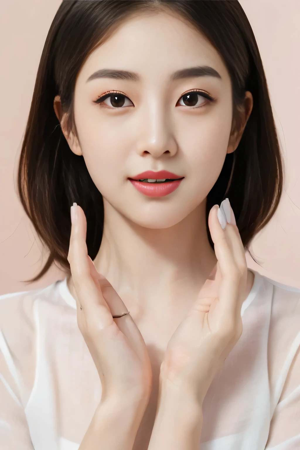 closeup of a woman 。 wear a white shirt 、 applying pink lipstick 。, index finger, {{ perfect hand, With your fingers, Fix your hands}}, with cute - nice - face , beautiful hands , hands on face, milky white skin , beautiful young Korean woman with her hand on her chin, cute pretty face girl , young and cute Korean face , cute-fine-face , cute - nice - face ,{{ :1.8:Pale pink nails}},