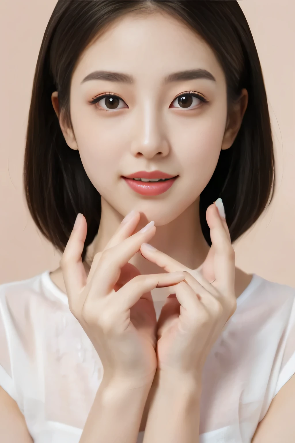    closeup of a woman  。  wear a white shirt 、  applying pink lipstick  。,   index finger, {{   perfect hand, With your fingers, Fix your hands}}, with  cute - nice - face  ,     beautiful hands  ,   hands on face,   milky white skin  ,    beautiful young Korean woman with her hand on her chin,   cute pretty face girl  ,     young and cute Korean face  , cute-fine-face  ,  cute - nice - face  ,{{ :1.8:Pale pink nails}},