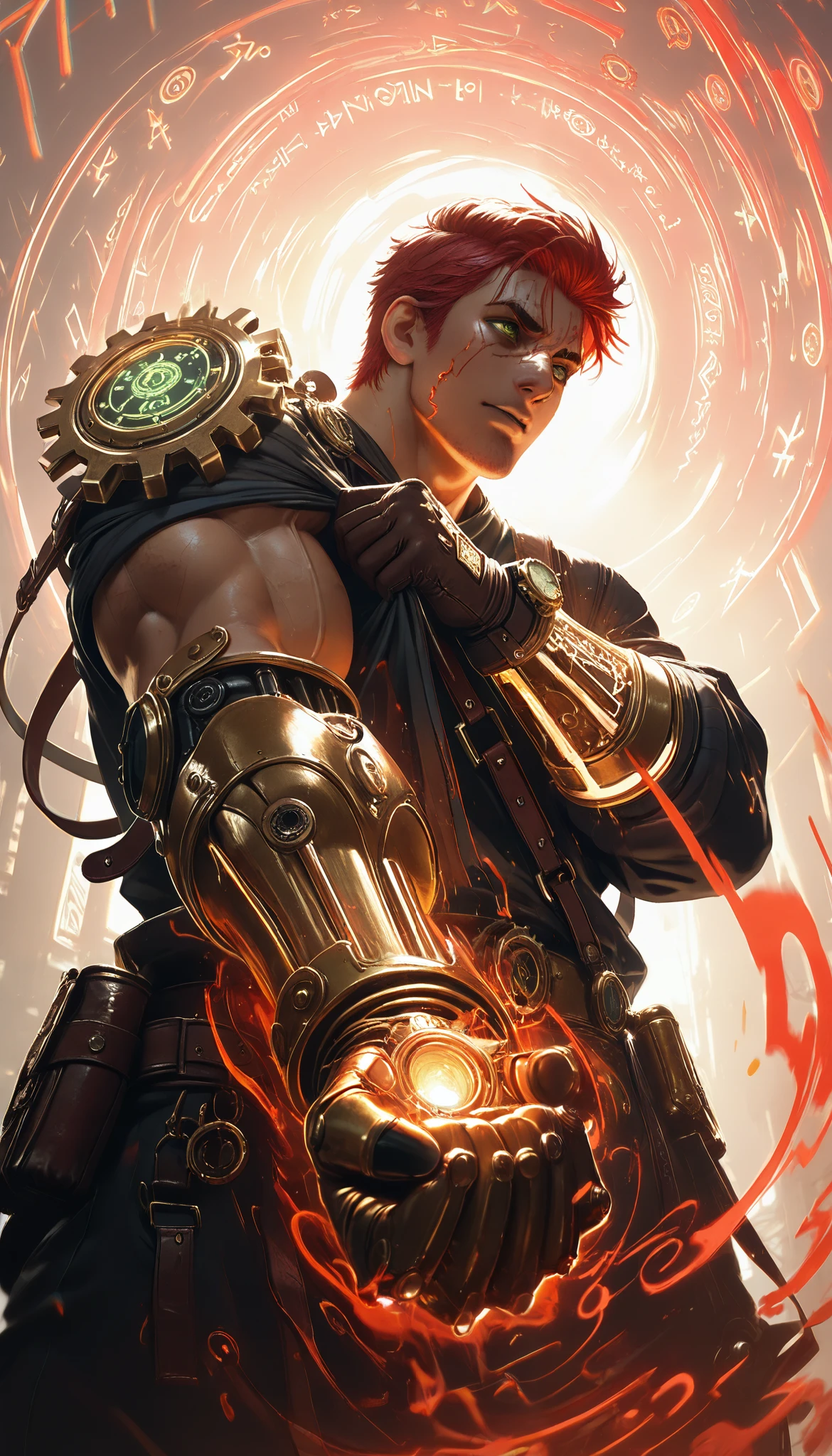 a man up close with a cybernetic steampunk glove with gears, iron and steel pipes , straps that hold it to the body , long shoulder prosthesis , arm in the foreground super detailed ,waxed fist , precision watch , Electric coils , protected steam , muscular man,Red hair, masterpiece, the best quality, incredible quality , perspective, dynamic pose, dynamic Dutch angle ,Alone , old , brutal, cunning, looking at the spectator, looking straight ahead, a golden metal eye , impermeable , in front of the spectator, motion blur , facial scar, (runes:1.2), ( Brilliant Magic Runes :1.2),green eyes on background,Intense lighting and energy,Perspective and aggressive angles, Chromatic Aberration , Saturated colors and high contrast, Thick, distorted strokes, Vibration and distortion effect,extremely bright and saturated colors , especially deep red and neon blue, character lines are thick and do not have clean outlines , but appear to be fragmented or electrified with a glitch or digital distortion effect.