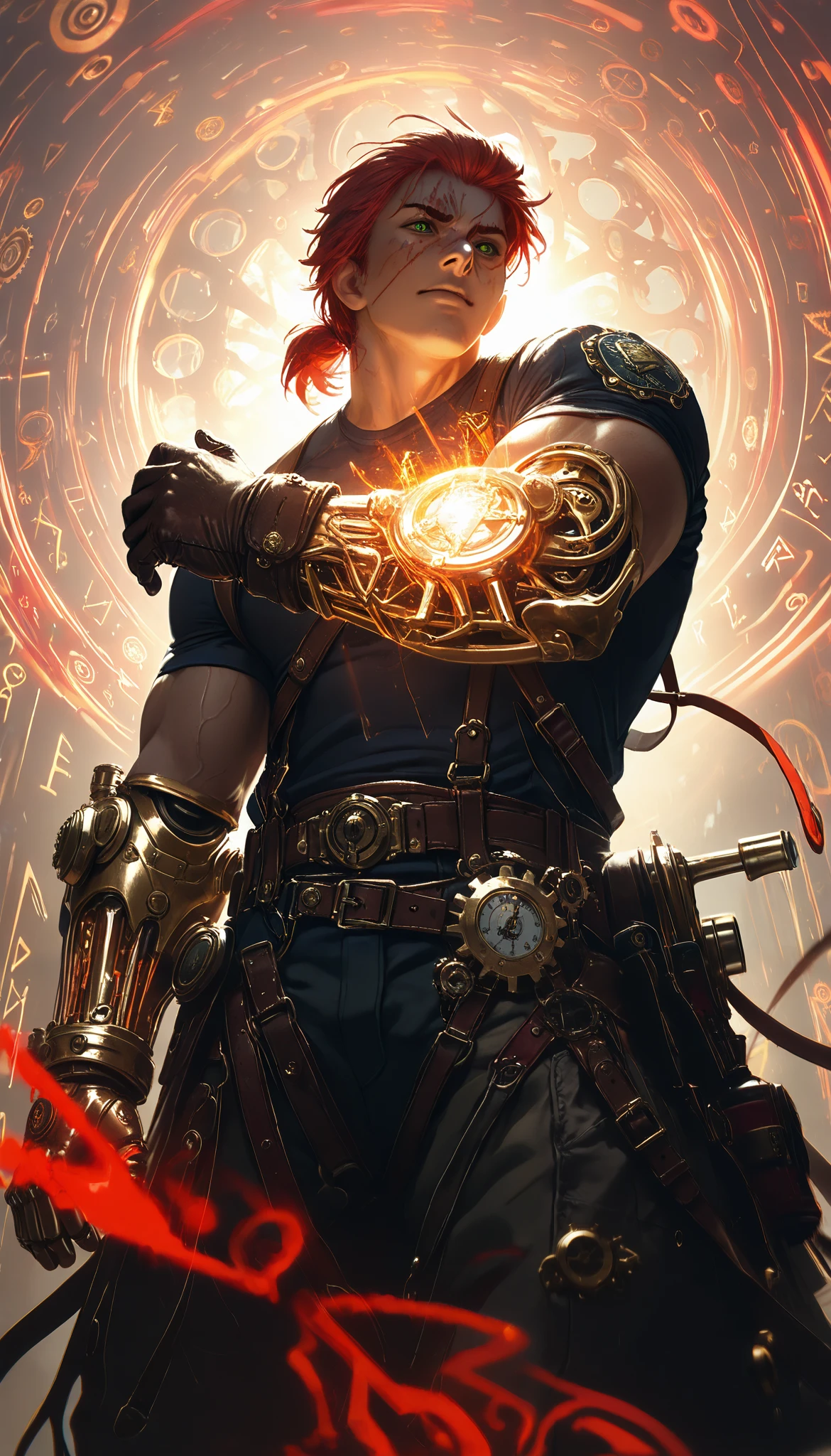 a man up close with a cybernetic steampunk glove with gears, iron and steel pipes , straps that hold it to the body , long shoulder prosthesis , arm in the foreground super detailed ,waxed fist , precision watch , Electric coils , protected steam , muscular man,Red hair, masterpiece, the best quality, incredible quality , perspective, dynamic pose, dynamic Dutch angle ,Alone , old , brutal, cunning, looking at the spectator, looking straight ahead, a golden metal eye , impermeable , in front of the spectator, motion blur , facial scar, (runes:1.2), ( Brilliant Magic Runes :1.2),green eyes on background,Intense lighting and energy,Perspective and aggressive angles, Chromatic Aberration , Saturated colors and high contrast, Thick, distorted strokes, Vibration and distortion effect,extremely bright and saturated colors , especially deep red and neon blue, character lines are thick and do not have clean outlines , but appear to be fragmented or electrified with a glitch or digital distortion effect.